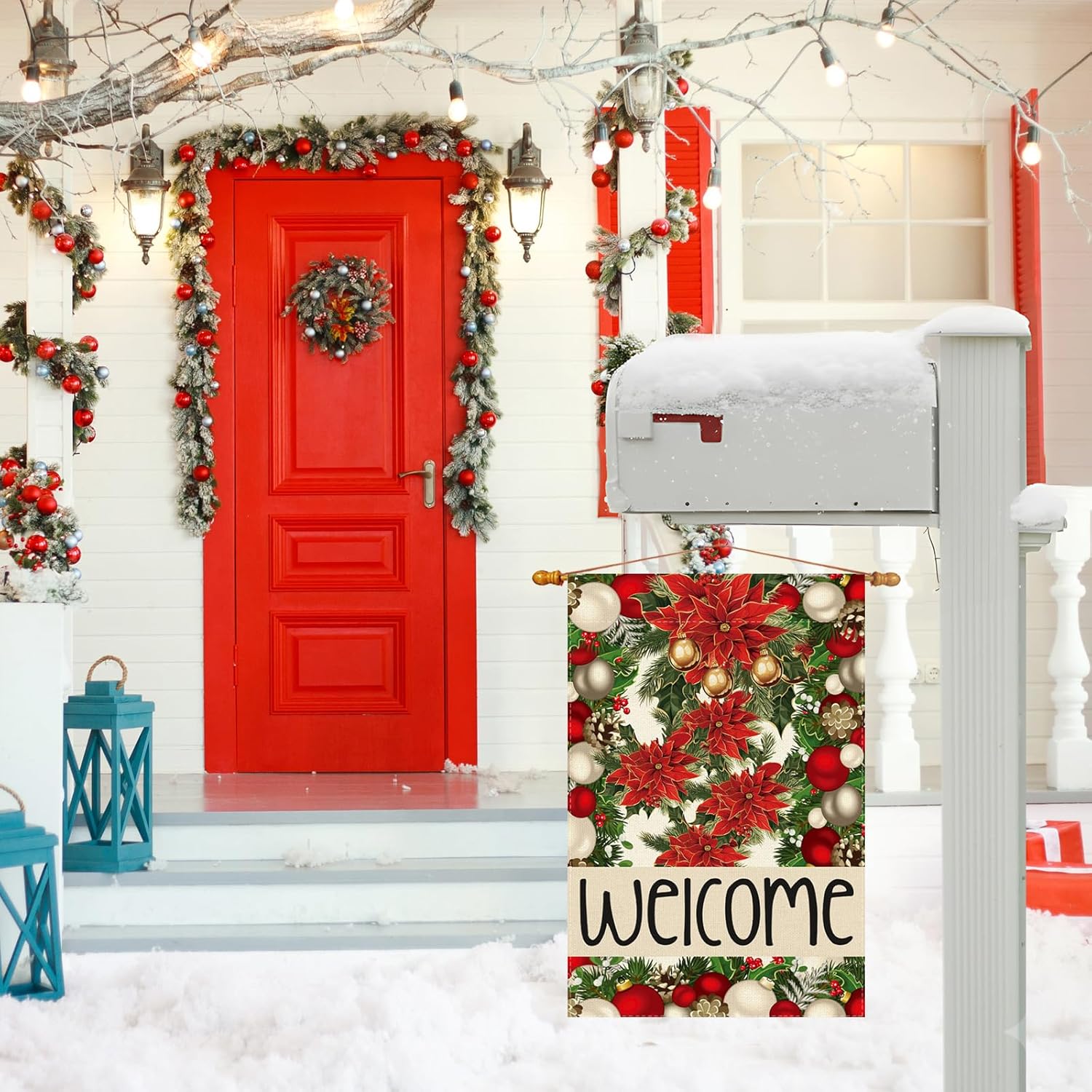 Welcome Garden Flag Christmas Bells Poinsettia Pine Trees Xmas Winter Yard Flag 12x18 Inch Double Sided Small Mini Yard Outdoor Outside Holiday Party Decoration - Image 3