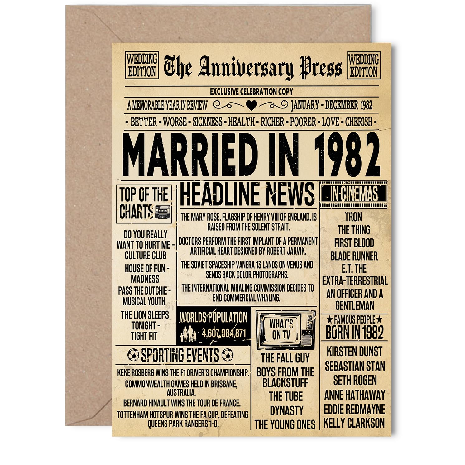 44th Anniversary Card for Women Men - Vintage Newspaper Married in 1982-44 Year Wedding Anniversary Card for Companion Wife Partner Husband, 5x7 Inch Anniversaries Greeting Cards