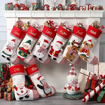 Personalized Christmas Stockings with Embroidered Name & Monogram,Custom 3D Xmas Character Stocking 5 Pack 18 Large,Santa,Snowman & Reindeer Fireplace Hanging Red Burlap Plaid StockingsA
