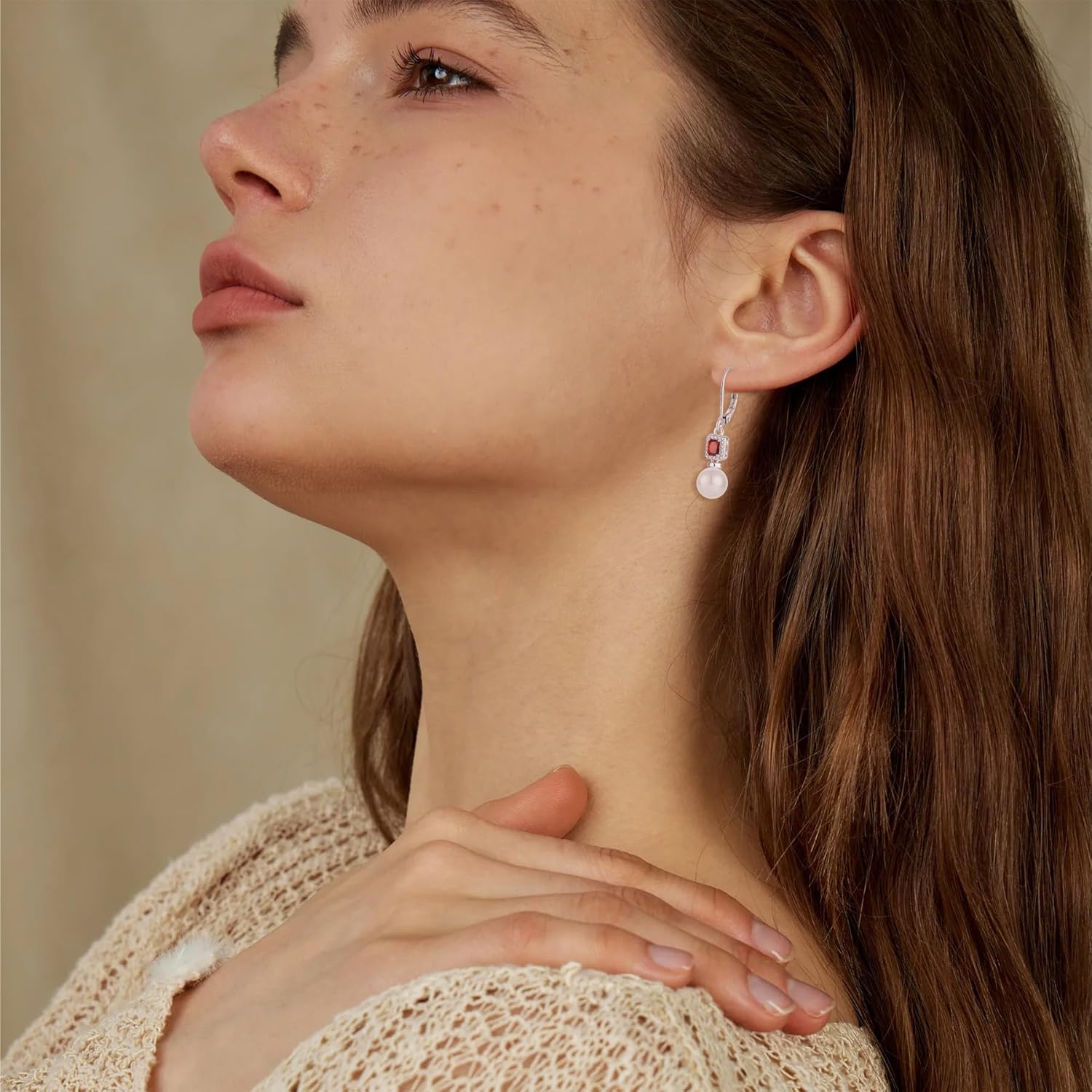 Pearl Drop Earrings Dangling 925 Sterling Silver Emerald Cut Leverback Earrings Birthstone Jewelry for Women - Image 2