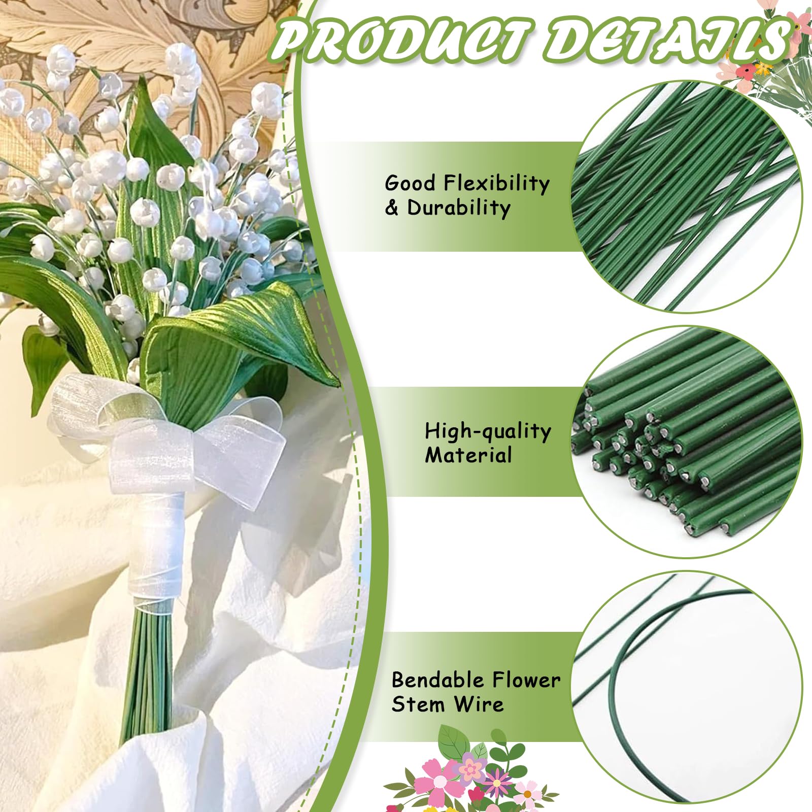 Elepl 100 Pièces Fil De Fer Fleuriste 2 MM Tige Fleur Artificielle Avec 1 Ruban Adhesif Vert Fil De Fleurs 30 CM Florist Wir Pour Le Bricolage Les Arrangements Floraux Les Travaux