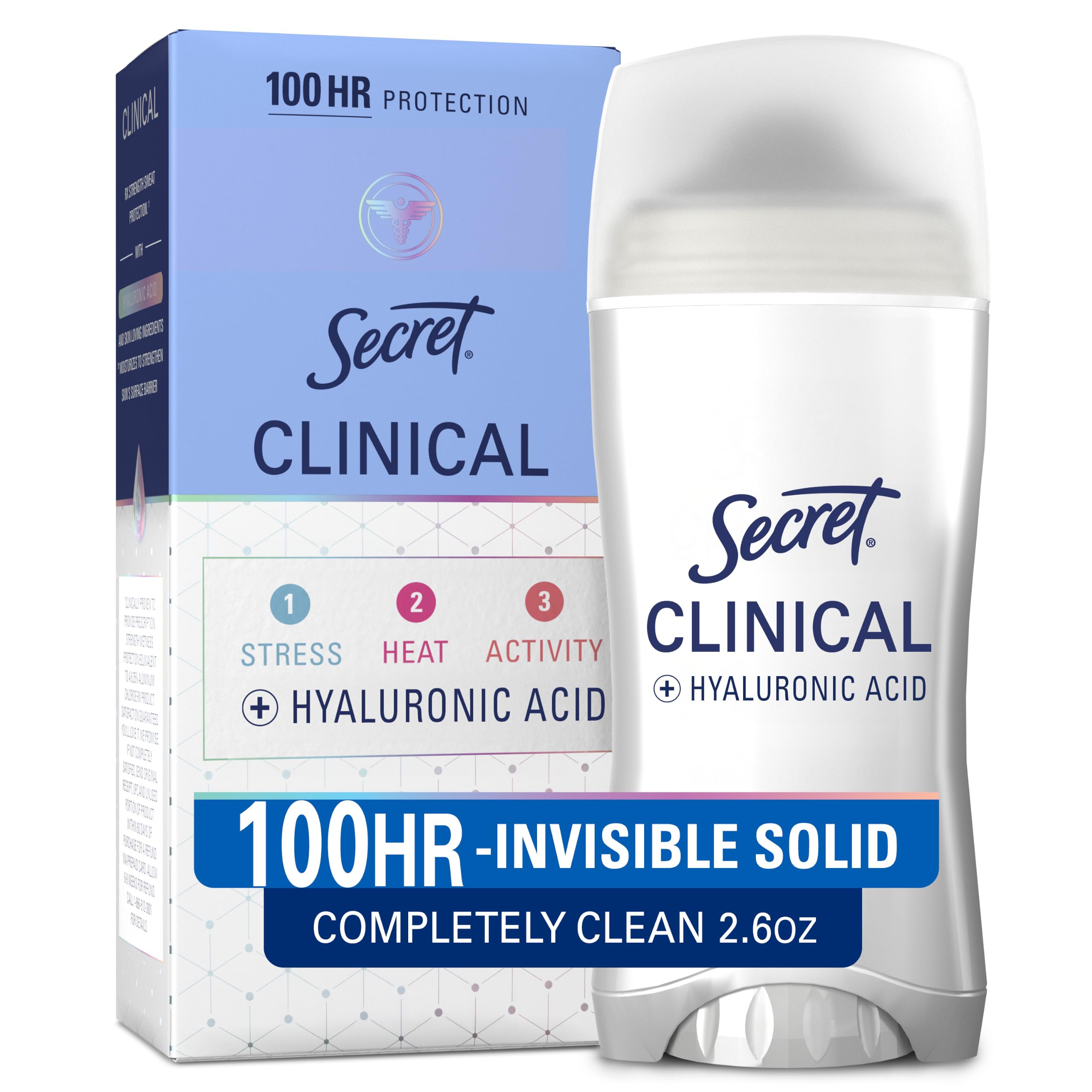 Secret Clinical Strength 100HR Antiperspirant Deodorant for Women, 3X Sweat & Odor Protection vs. Ordinary Antiperspirant, Hyaluronic Acid, Completely Clean, Invisible Solid 2.6 oz