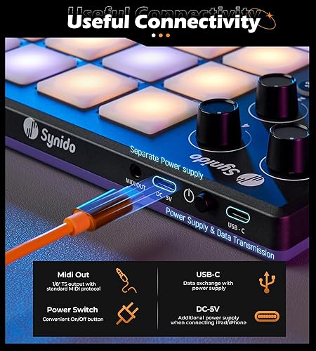 Miniatura 5 de Synido TempoPAD Controlador MIDI Beat Maker Máquina para Producción Musical, Controlador USB MIDI Portátil para Principiantes con Bolso de Negro