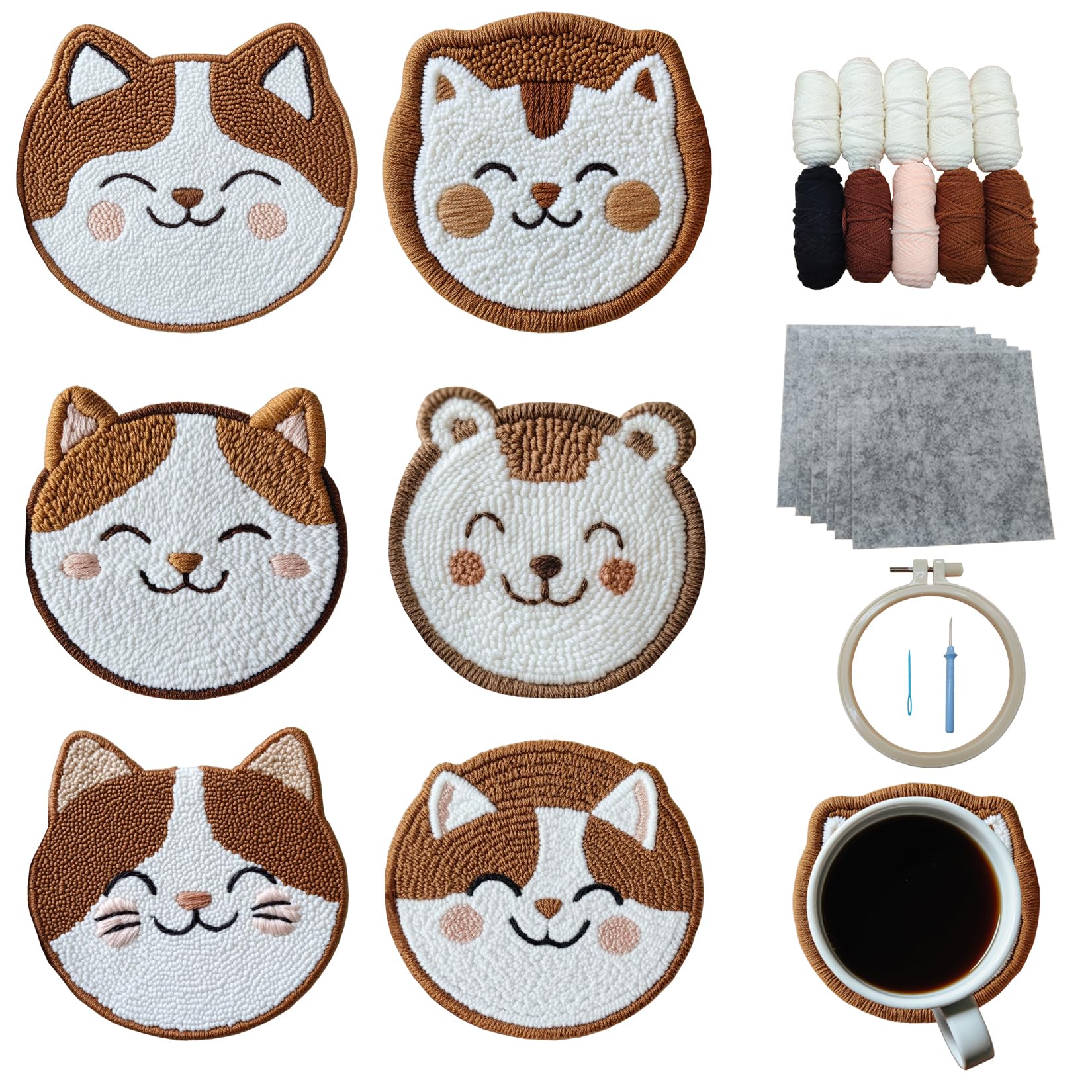 Xinpinzhou 6pcs Cat Punch Needle Coaster Kit for Kids Beginners Adults Complete Punch Needle Stitching Embroidery Art Coasters Kit for Kids Adult Beginner Animal Punch Needling Coaster