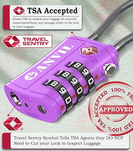 Miniatura 2 de ANVIL Candado de combinación de 3 dígitos aprobado por la TSA con bloqueo de cable de acero de aleación de zinc, ideal para maleta de viaje
