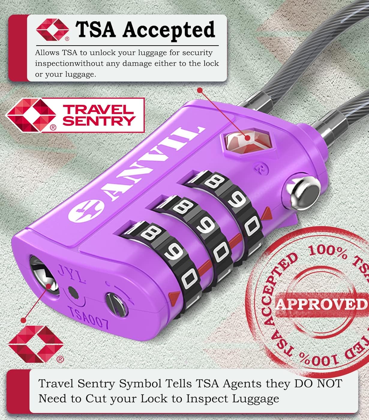ANVIL TSA Approved Cable Luggage Locks 3 Digit Combination Padlock with Zinc Alloy Steel Cable Lock Ideal for Travel Suitcase, Backpack, Lockers,Case,Toolbox