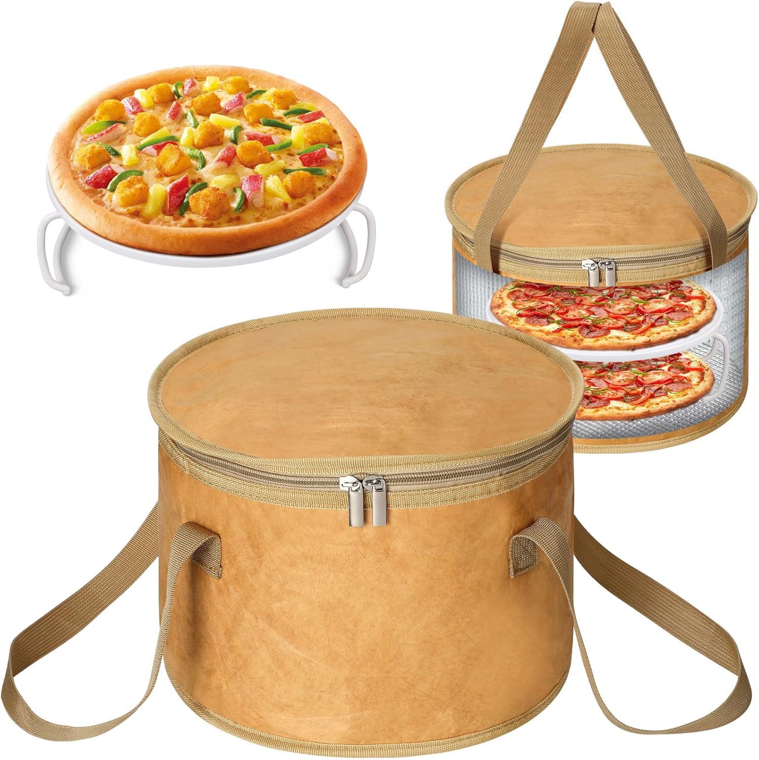 Pickmesh Round Pie Carrier 12 x 7 Inch Insulated Casserole Carriers with Lid and Detachable Handle for Hot or Cold Food Cake Transport Thanksgiving Christmas Gift(Buffalo Leather Color)