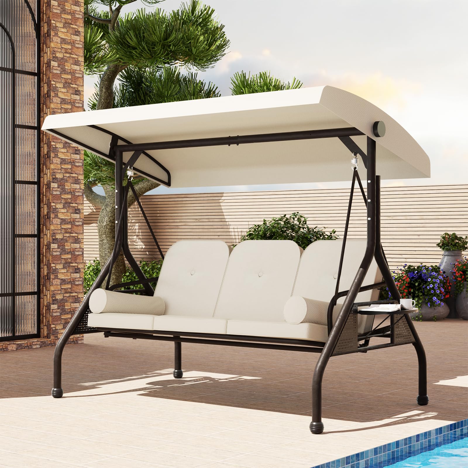EBE 3 Seat Outdoor Patio Swing, Porch Swing Chair with Adjustable Canopy and Backrest, Canopy Swing with Cushions Pillows and Cup Holders for Porch, Garden, Deck and Poolside, Beige