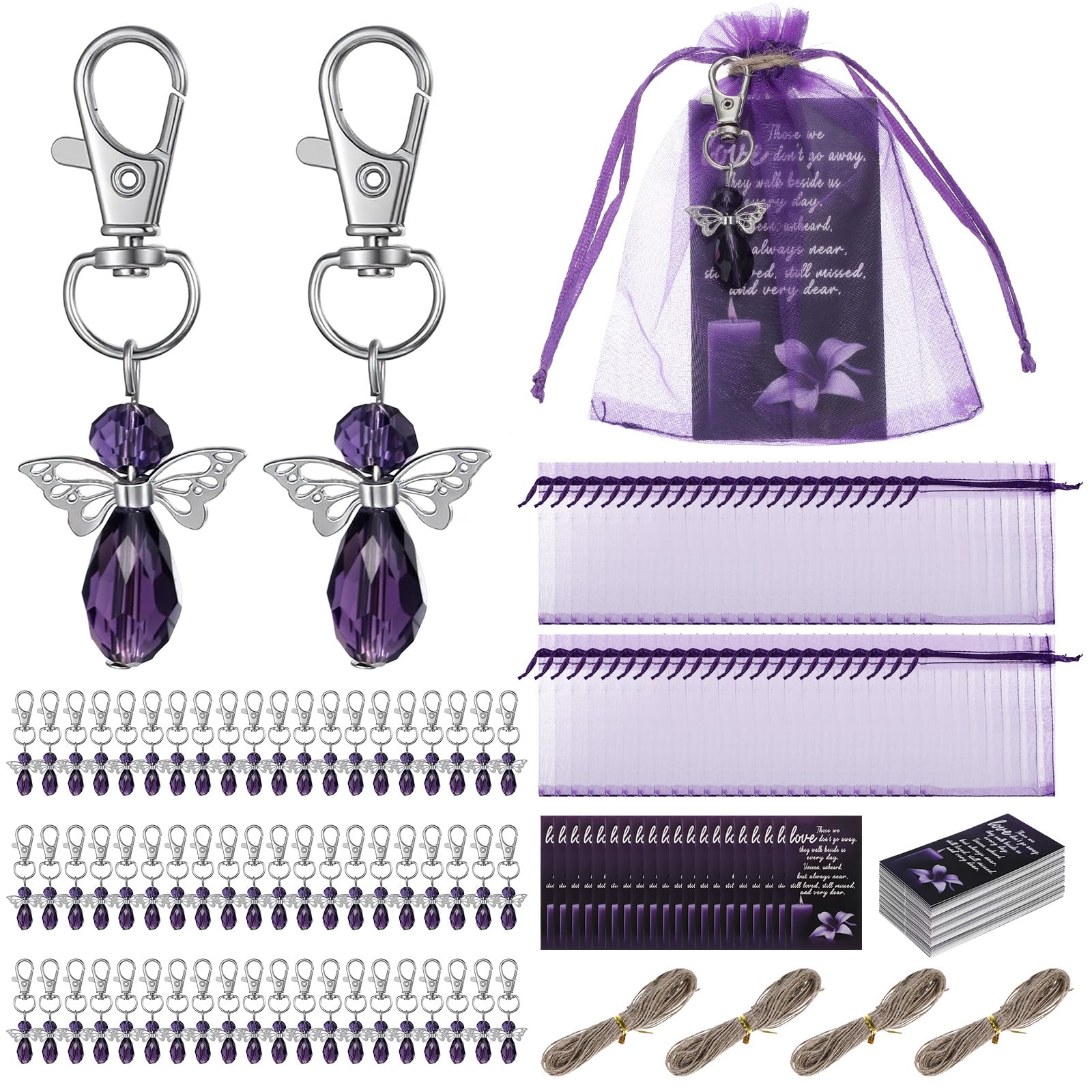 Set di 60 bomboniere funerarie, portachiavi viola con strass con biglietti di ringraziamento e sacchetti in organza da 10 x 10 cm, regali per ospiti, simpatia e ringraziamento