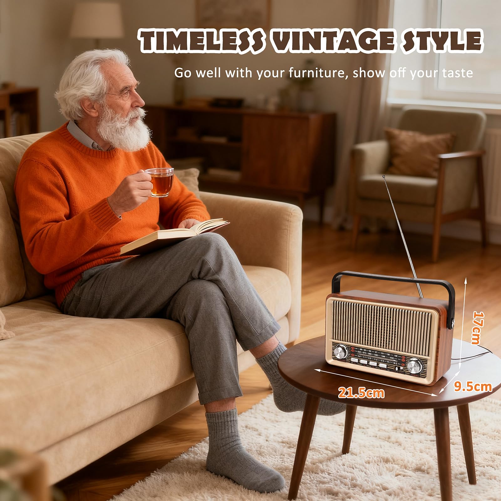 Radio Vintage AM/FM/SW - Radio Vintage Portable avec Batterie Rechargeable & Bluetooth, Enceinte Haut-Parleur avec Lecture AUX/USB/TF, Idéale pour Maison, Jardin & Urgences
