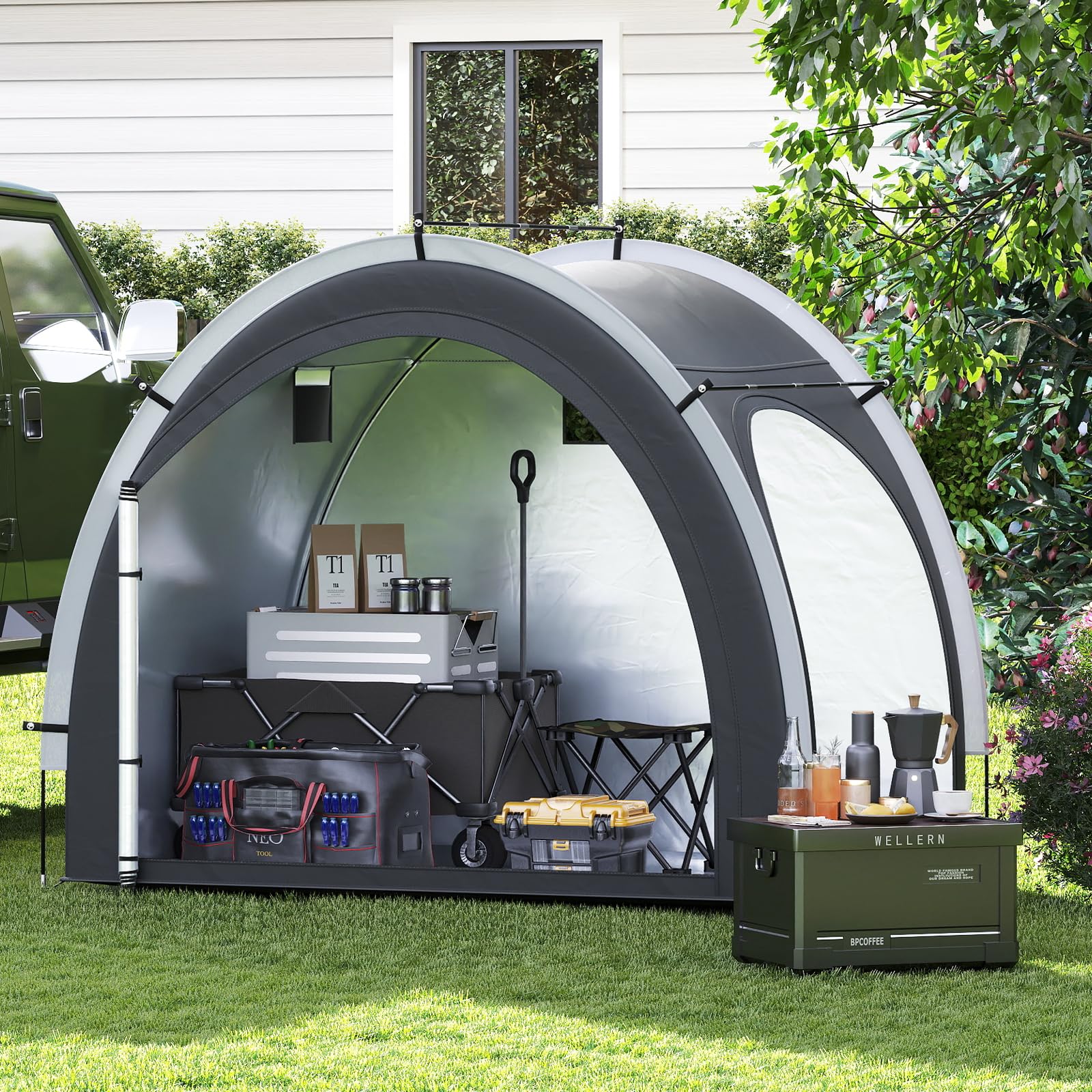 COSTWAY Fahrradgarage für 4-5 Fahrräder, wetterfest, mit 2 Rolltüren, Fenster & Tasche, 218 x 153 x 182 cm