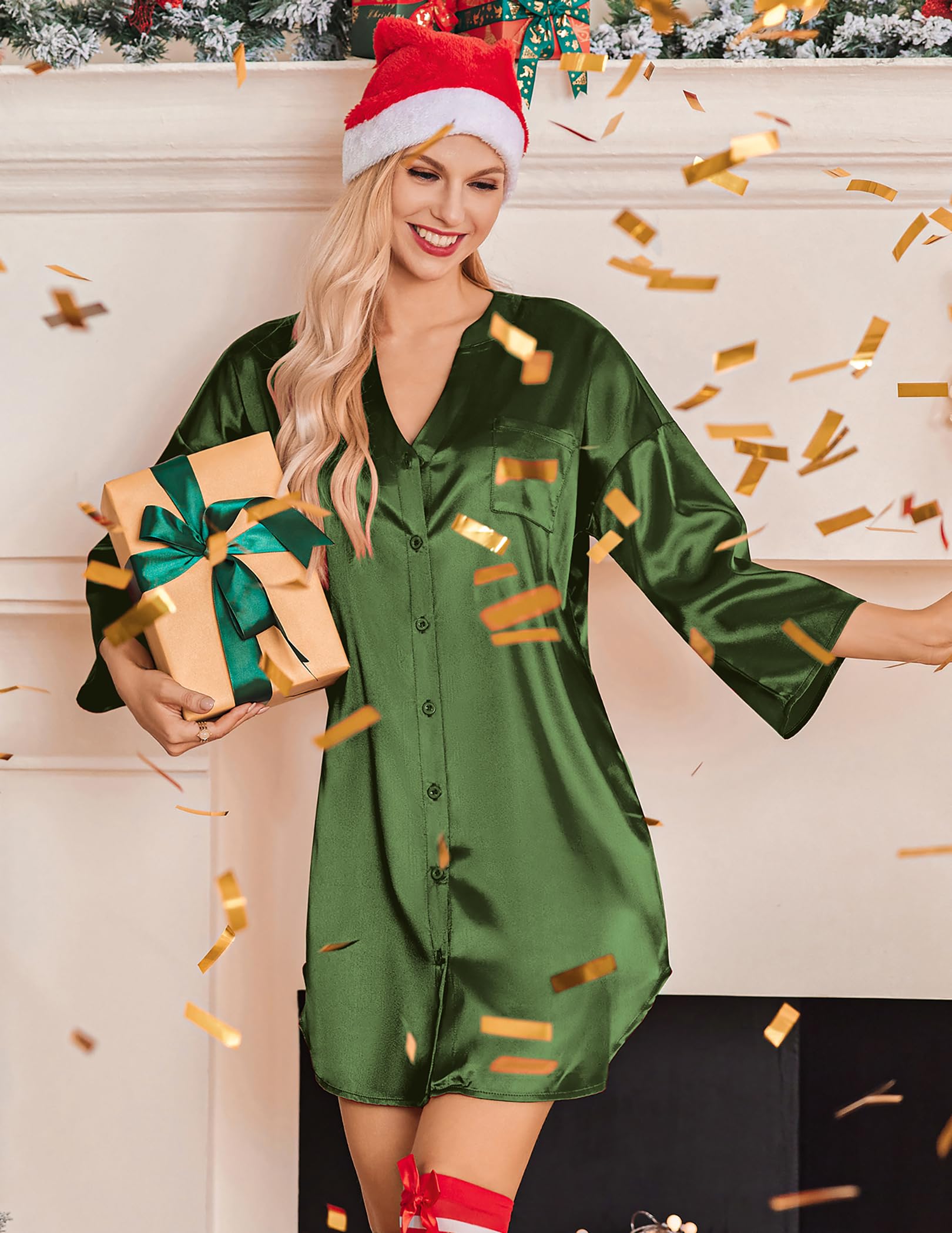 Ekouaer Satin Nightgowns for Women Silk Sleepwear Button Down Sleepshirt 3/4 Sleeve V-Neck Nightshirts with Pockets: Army Green Large
