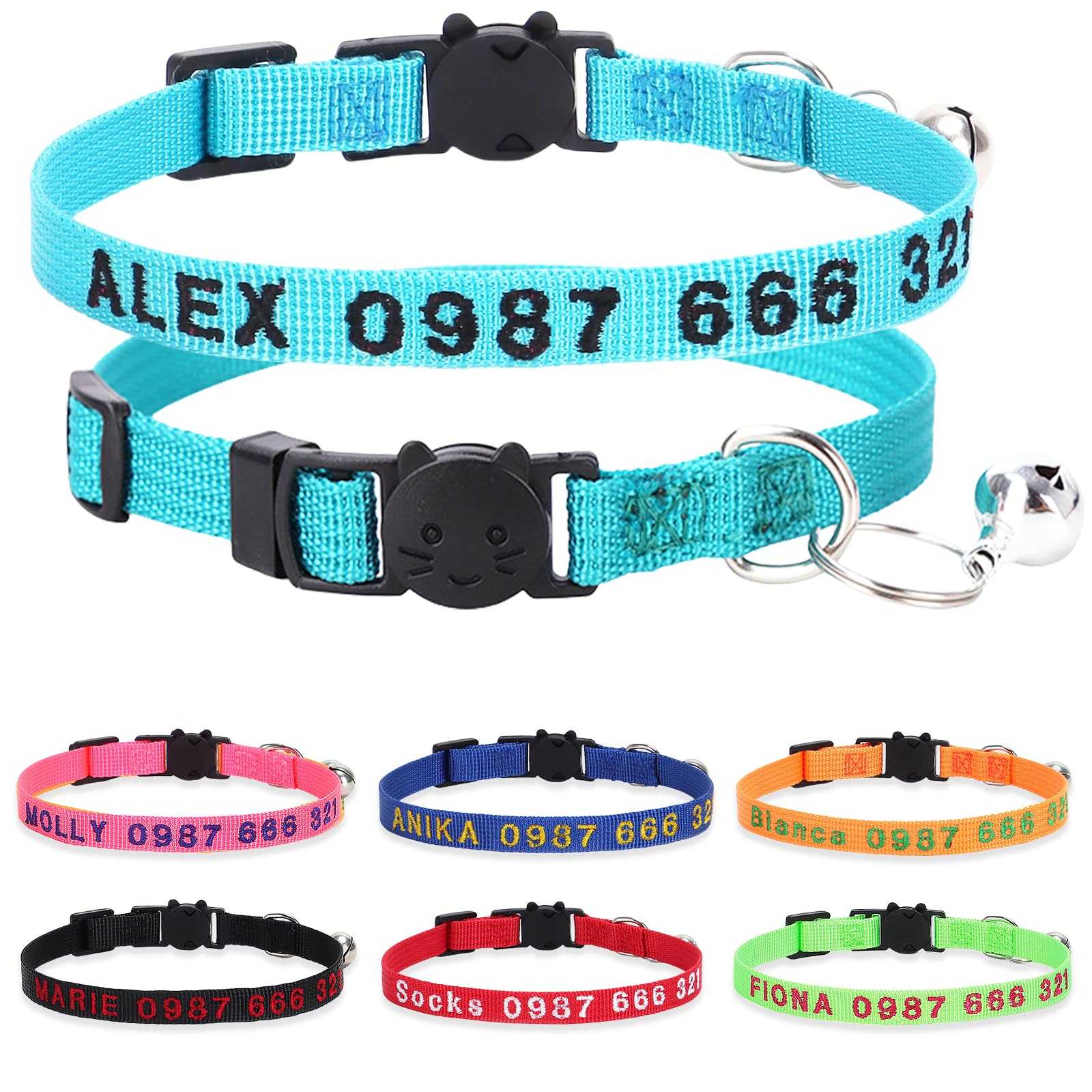 Personalized Cat Collars, Embroidered with Pet Name and Phone Number, Adjustable Nylon Breakaway Safety Release Buckle ID Collar,Custom Text with Bell for Cat or Kitten,Sky Blue