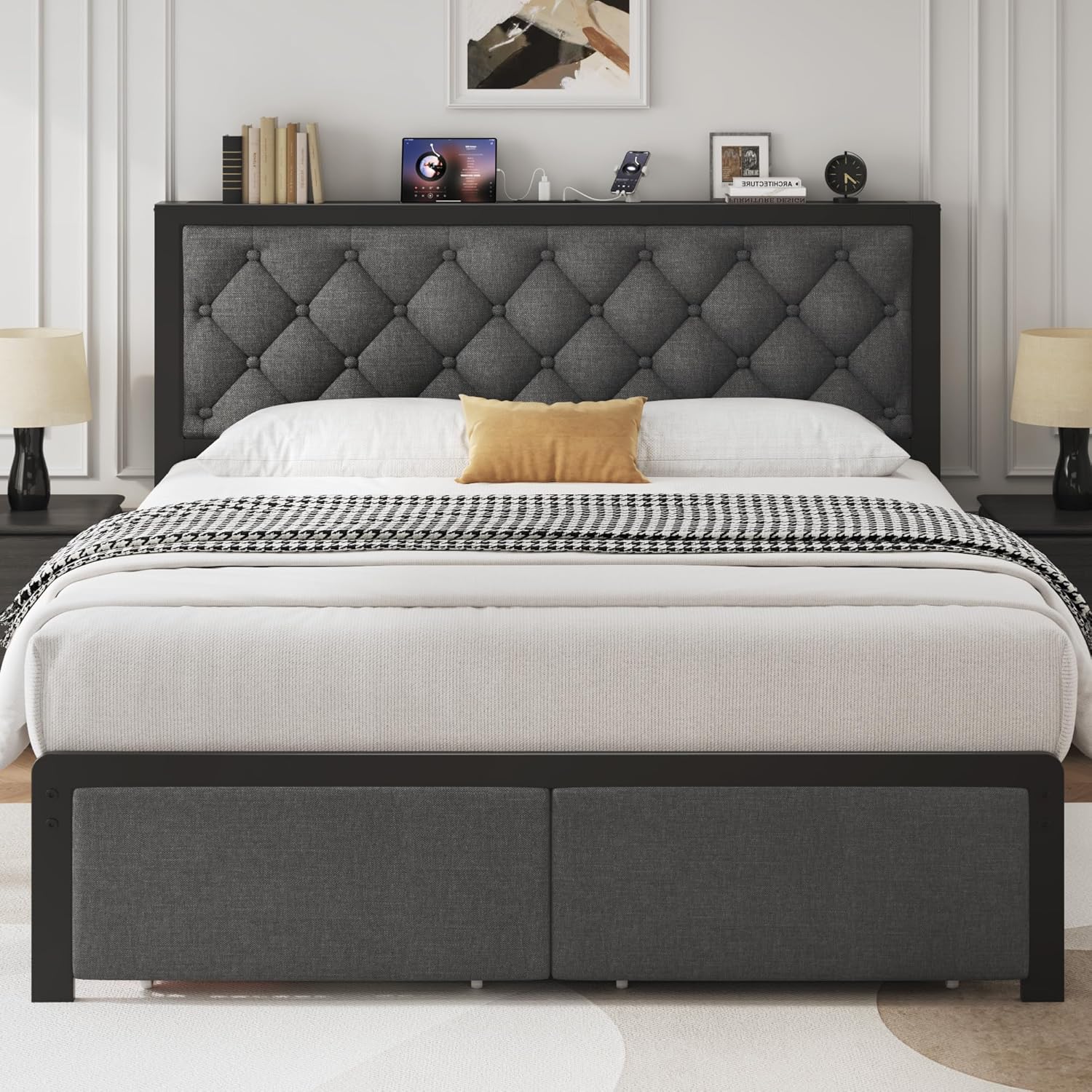 PHGLL Queen Bed Frame with Storage Drawers and Upholstered Headboard Queen Platform Bed No Box Spring Needed, Easy Assembly, Sturdy All Metal Structure, No Noise Bedframe with Charging Station, Grey