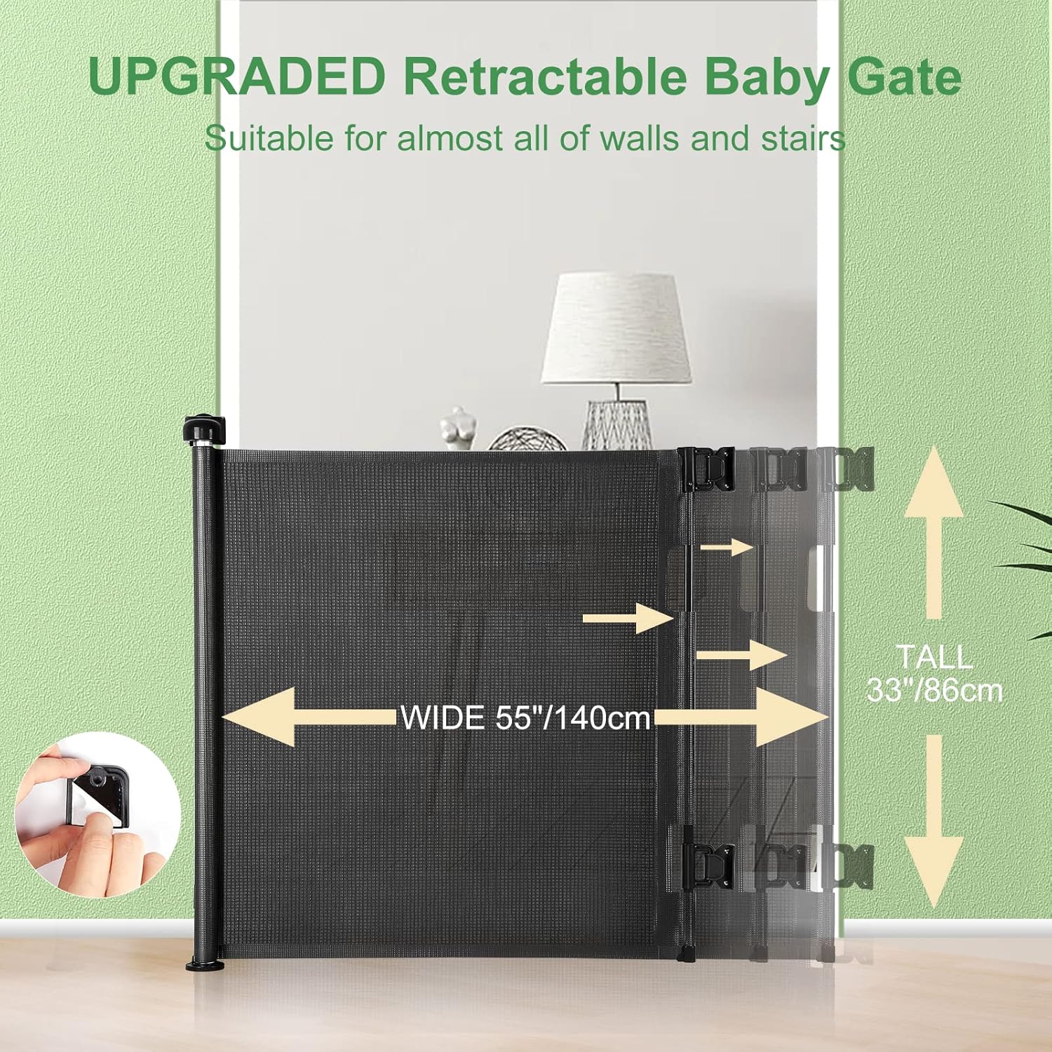 Retractable Baby Gate, Extra Wide Safety Kids or Pets Gate, 33” Tall, Extends to 55” Wide, Mesh Safety Dog Gate for Stairs, Indoor, Outdoor, Doorways, Hallways(33”x55”- Black)