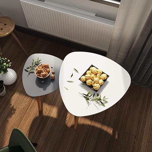 Miniatura 3 de BAMEOS Mesa auxiliar triangular anidable de bambú, juego de 2 mesas auxiliares modernas minimalistas para sala de estar, balcón en blanco y gris