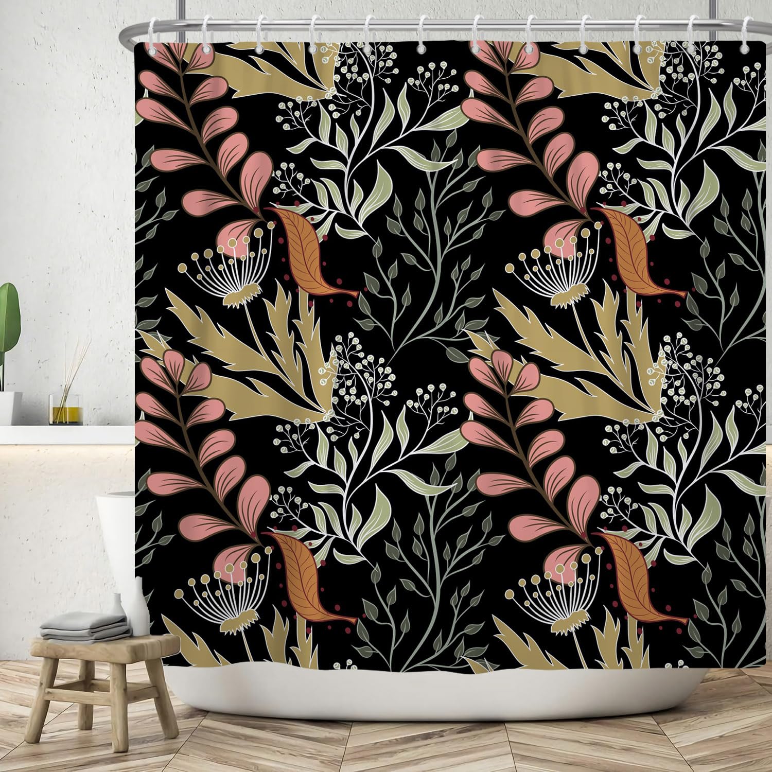 ASDCXZ Leaves Shower Curtain 90x180 cm, Spring Simplicity Rose Khaki Green Leaves Flowers Black Bath Washable Shower Curtains Polyester Textile Waterproof Bath Curtain for Bathtub with 6 Hooks โ image 1