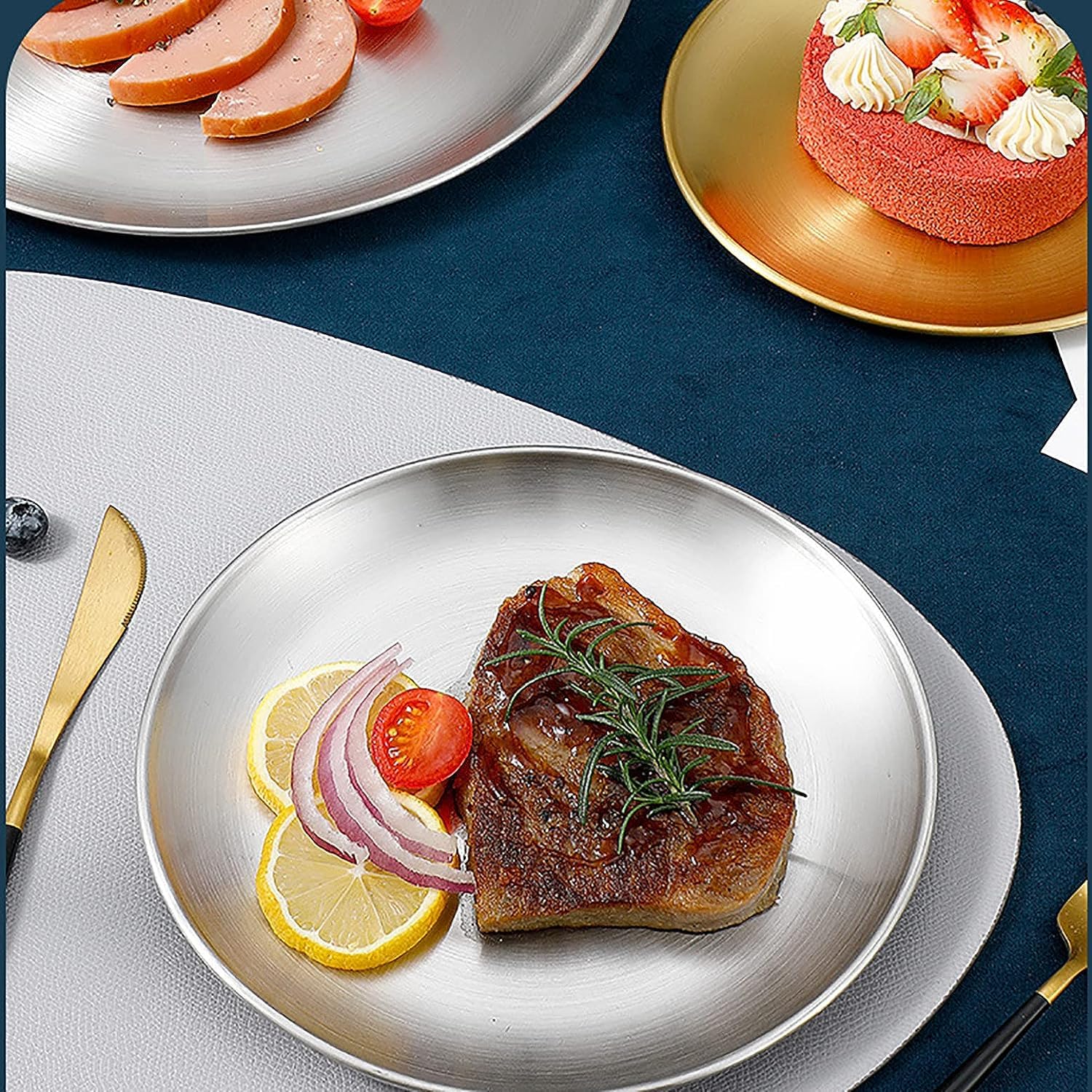 Fasmov 8 Pieces 8 inches 18/8 Stainless Steel Plates, Dinner Plate Dish Metal 304 Dinner Dishes Serving Camping Plates for Picnic Outdoor Camping, Reusable and Dishwasher Safe