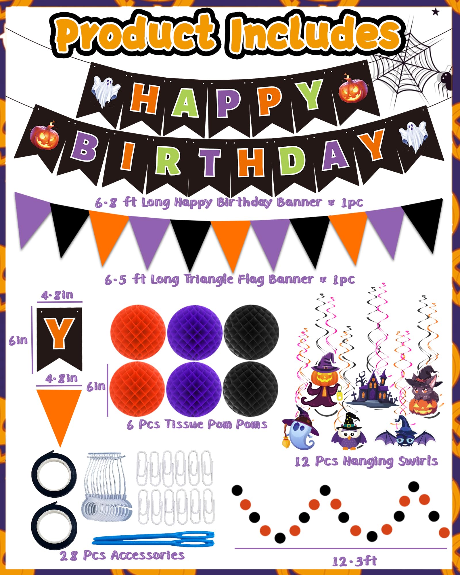 Amazon.com: Happy Birthday Banner Birthday Party Decorations, Paper Pom  Poms Triangle Flag Sign Hanging Garland Swirls Halloween Streamers for  Birthday Party Supplies : Home & Kitchen