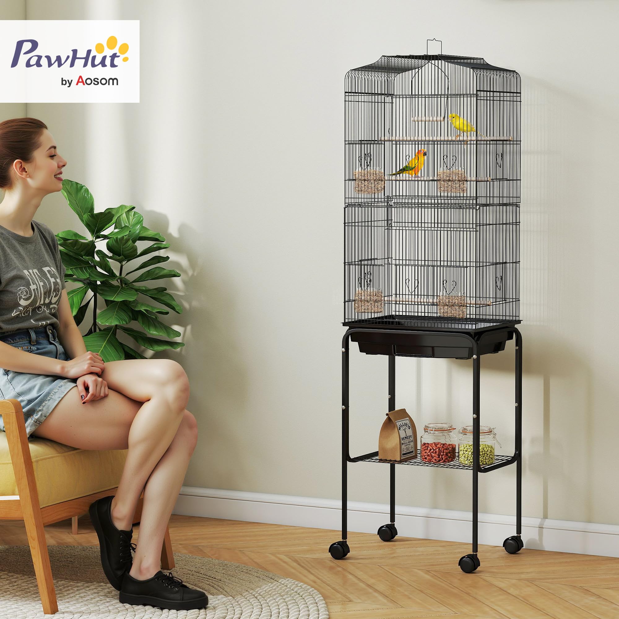 PawHut Jaula para Pájaros, Jaula Grande con Ruedas, Estante de Almacenaje, Puertas, 4 Comederos, 3 Perchas, Columpio, Bandeja Extraíble y Asa, para Loro, Canario, Periquito, 46,5x36x157 cm, Negro