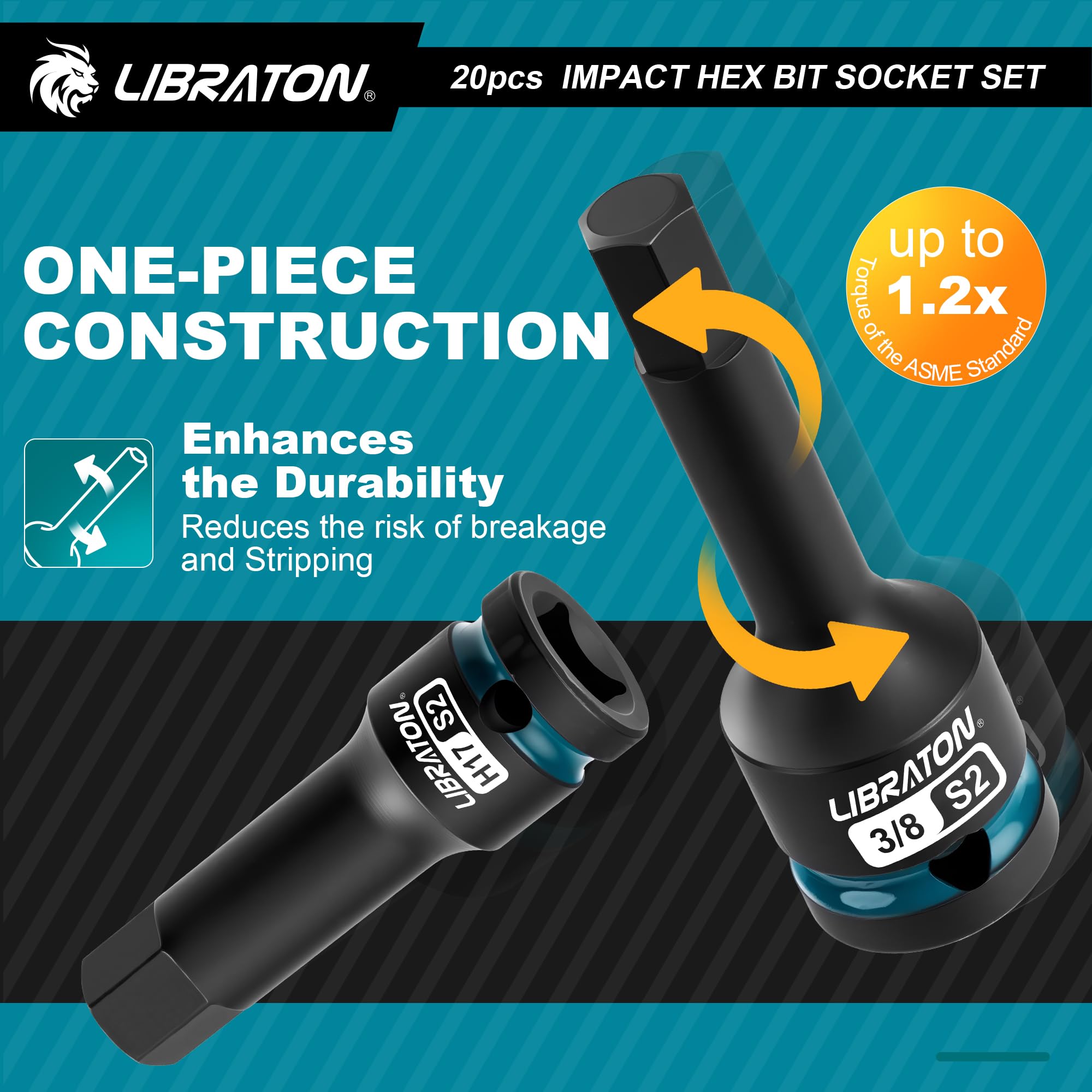 LIBRATON Impact Hex Bit Socket Set, 1/2" Dr, S2 Steel - Image 3