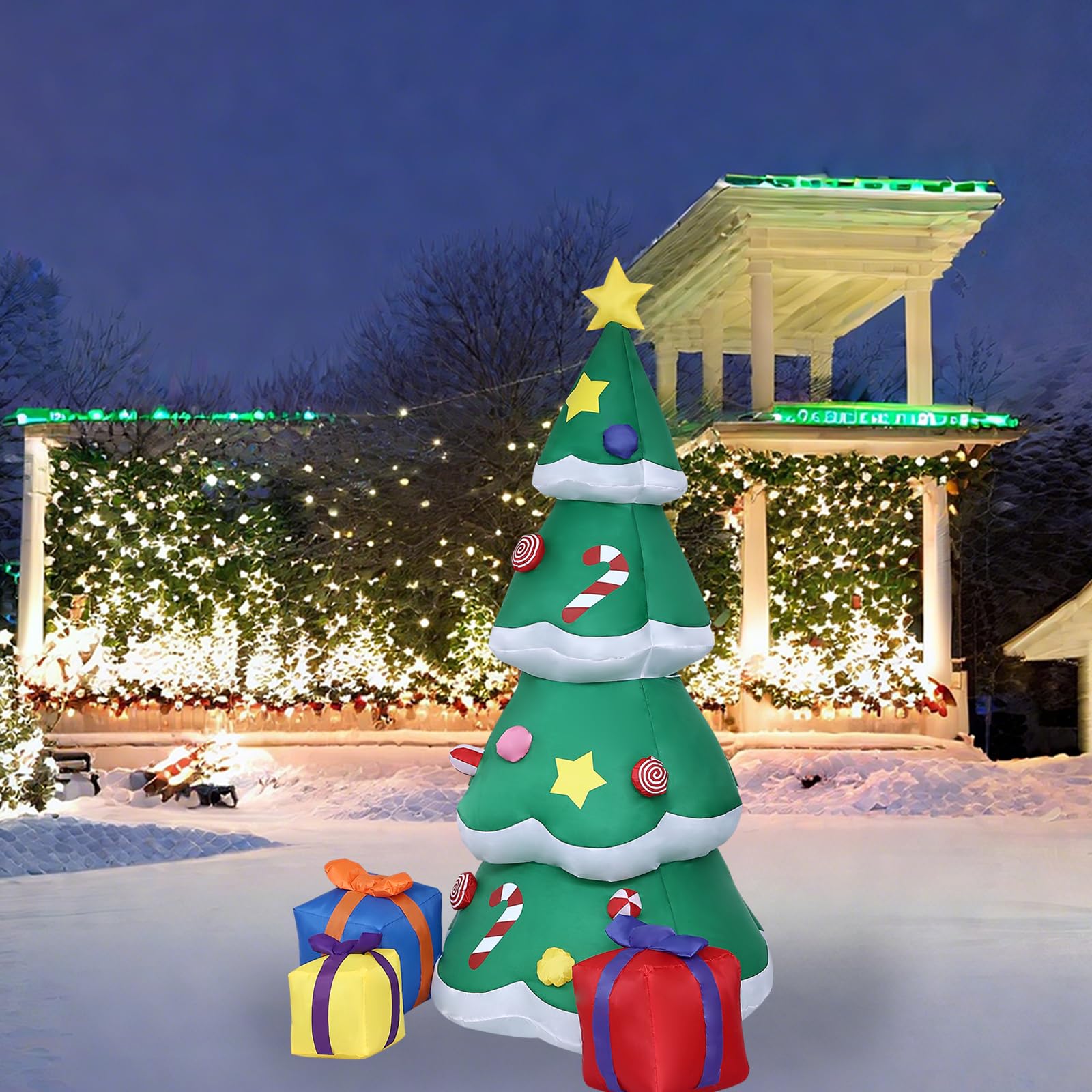 OHMG 2,1 m Decorazione natalizia per esterni, gonfiabile, con luci a LED, albero gonfiabile, con sacchetto regalo, gonfiabile, per giardino, prato, terrazza, festa