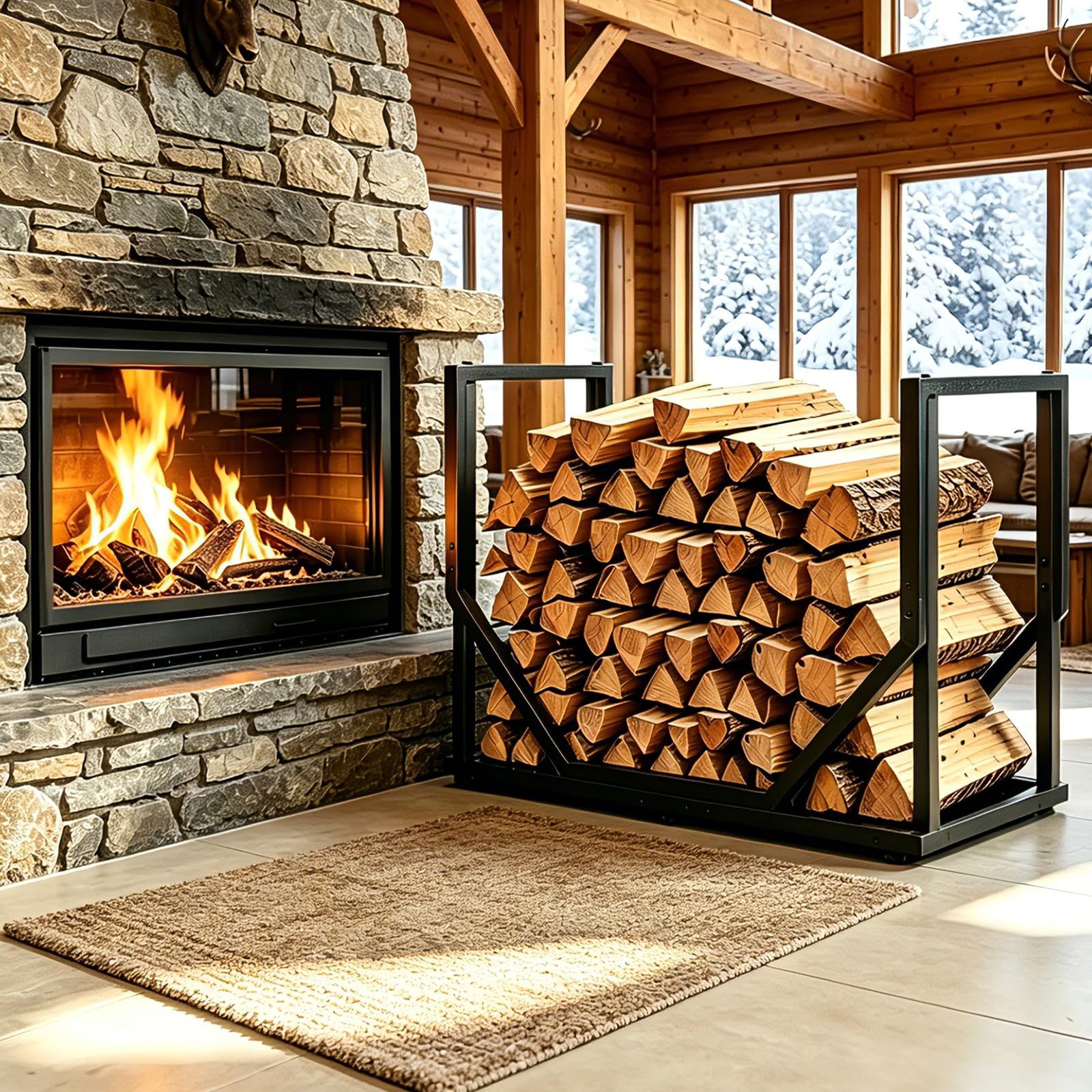 Holzstapelgestell für Außen und Innen, Schwerlast-Metall-Holzhalter für Kamin, stabiles Lagerregal für Holzscheite, rostfreies Holzregal, schwarzer Holzlager-Organizer