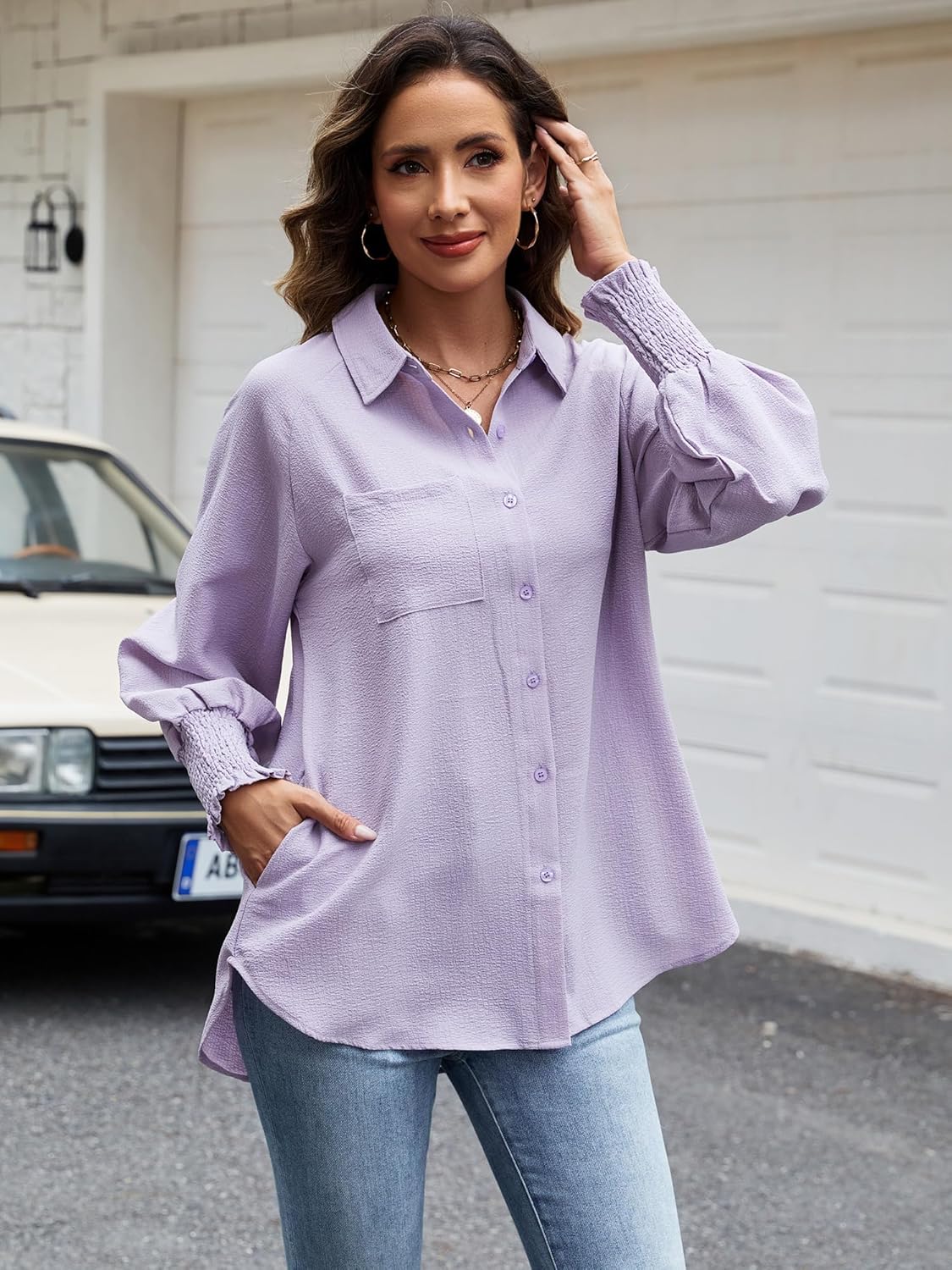 Women's Button Down Shirts Puff Sleeve Oversized Blouses Boyfriends Loose Tunics Casual Work Tops with Pocket(Grey Pink Shirt M - Image 2