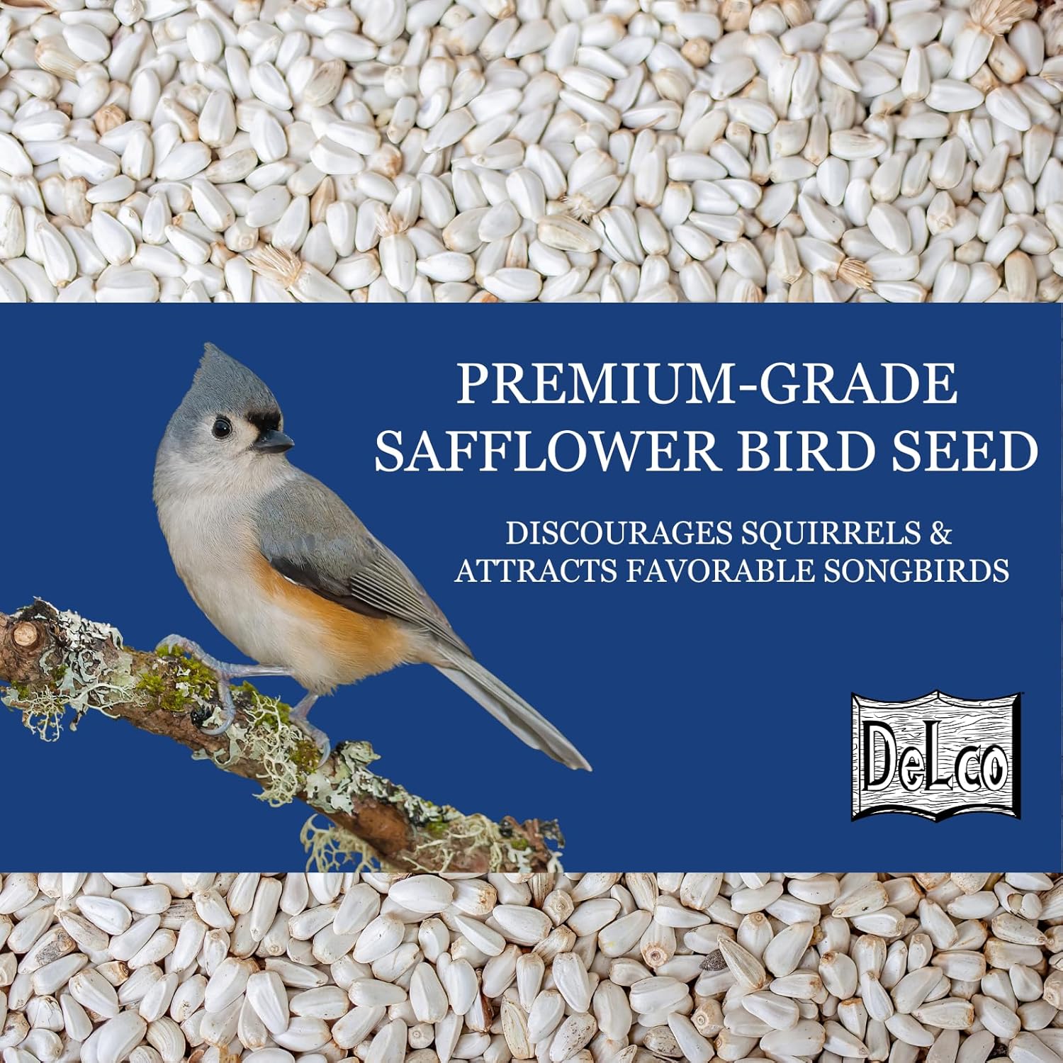 DeLco Premium Safflower Wild Bird Seed, 20 lb Bag, Squirrel Deterrent, Grown Climate Smart Approved, Midwest Blended, Attracts Cardinals and Songbirds