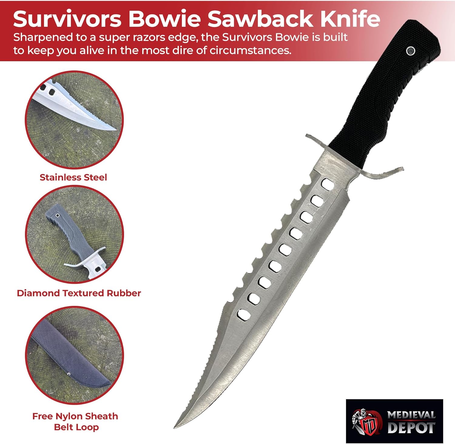 MedievalDepot Survivors Sawback Knife Collection – 17" Bowie & Hunting Fixed Blades with Nylon Sheath for Outdoor Survival (Silver)