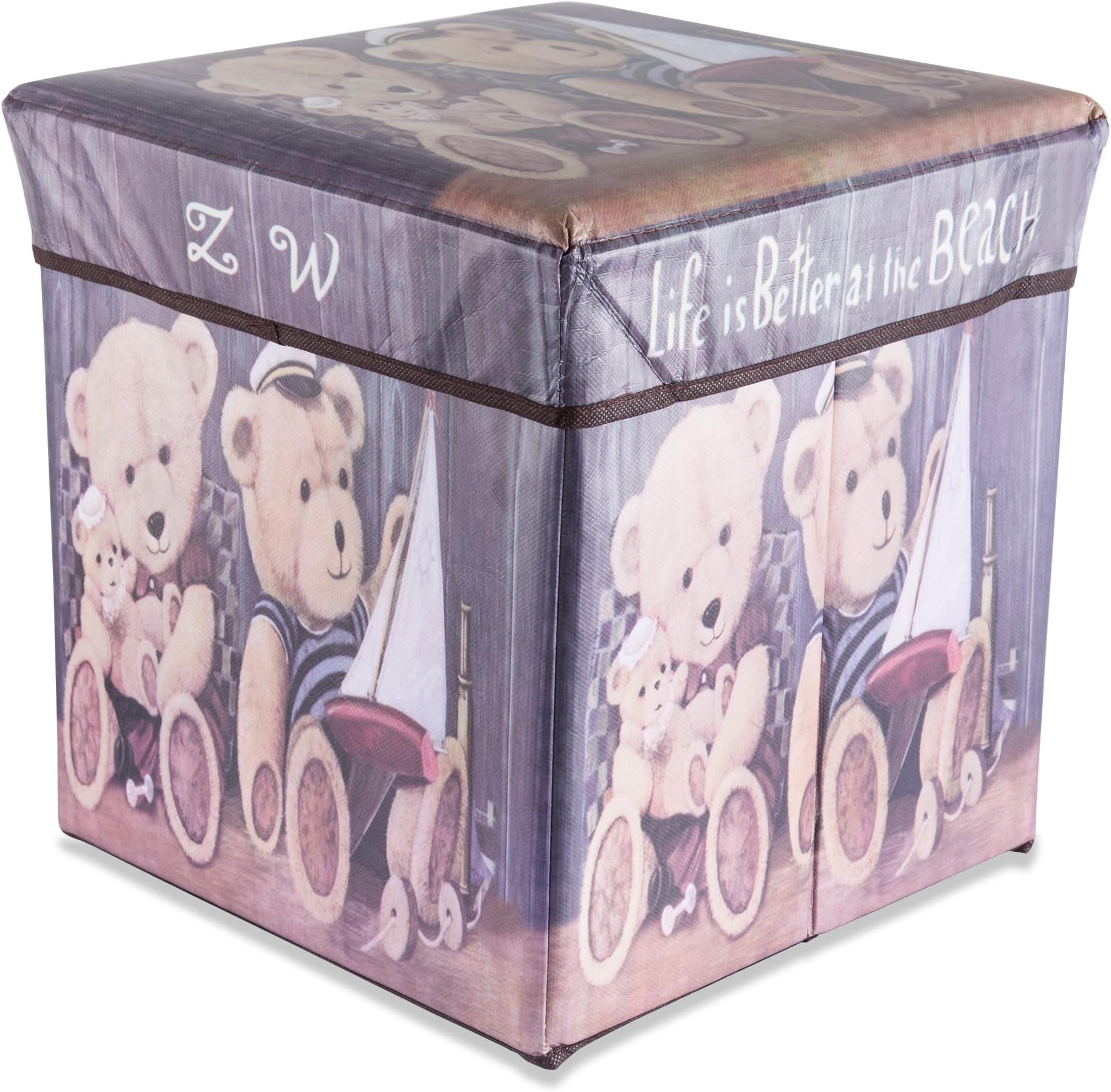 Intirilife Ottoman Cube 30x30x30 cm in TEDDY LOVE – Foldable Portable Storage Footstool with Removable Lid made of Fabric in Linen Look – Folding Pouffe Stool Chest Seat