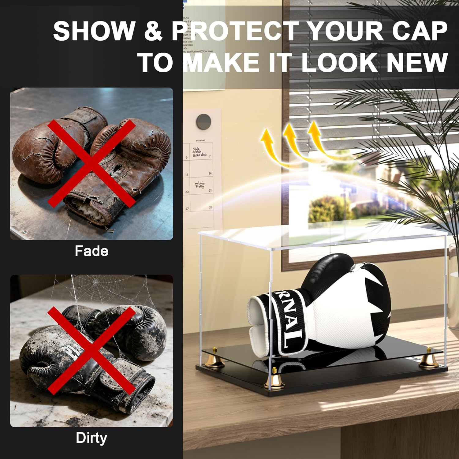 Boxing Glove Display Case, Clear Acrylic Display Box, Self-Assembly Full Size Baseball Glove Holder Showcase, Football Mitt Ball Display Case with Metal Bell Base (14.4x9.3x9.4 inch)