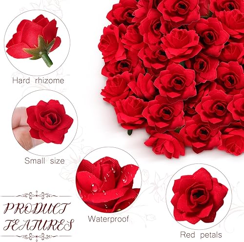 Miniatura 3 de Yunsailing 120 piezas de rosas rojas artificiales para boda, a granel, rosas rojas falsas, cabezas de flores pequeñas para decoración, manualidades,