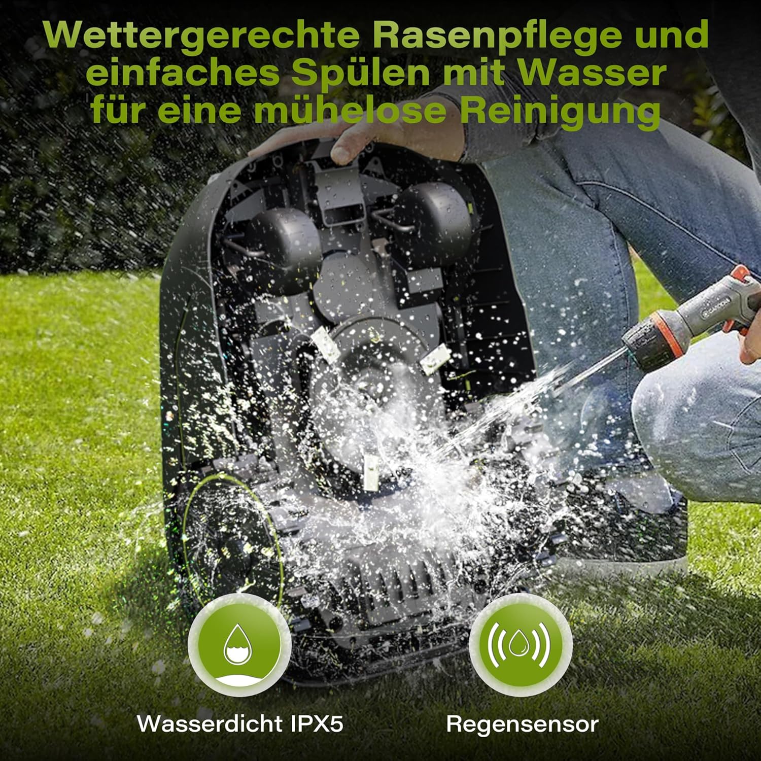 Person cleaning the underside of the SUNTEK Robotic Lawnmower with a garden hose