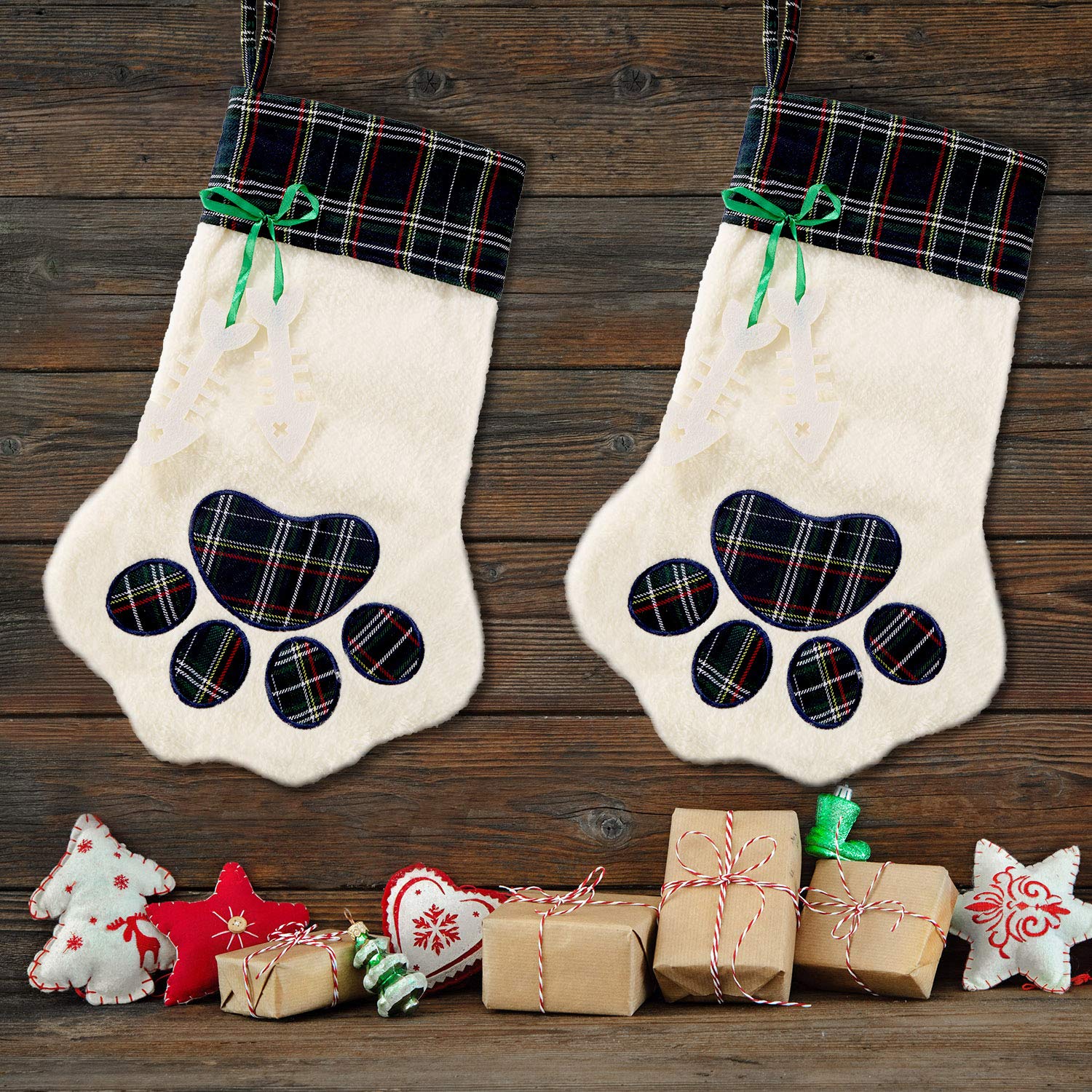 Jetec 2 Pièces Chaussettes de Noël Bas de Modèle Patte Animal de Compagnie Cheminée Bas Suspendus pour Animaux et Décoration de Noël (Vert)
