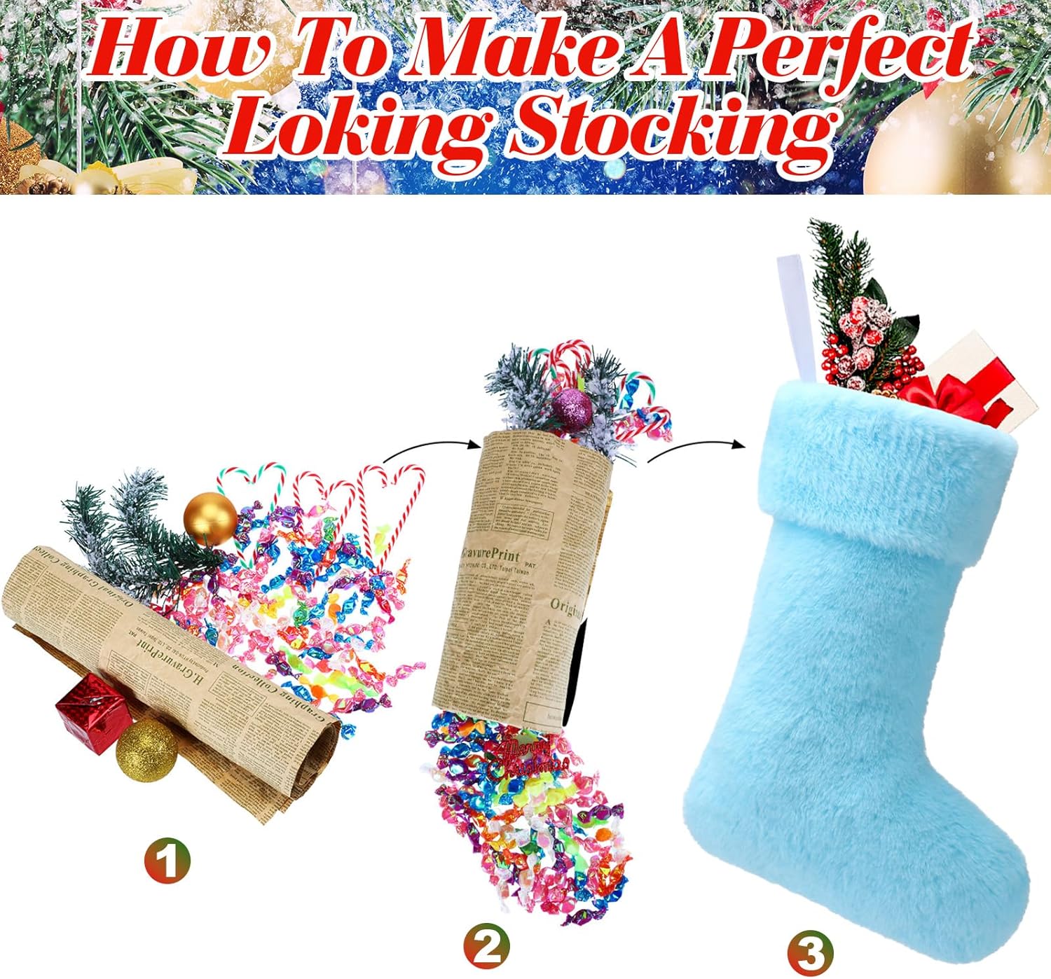 JOVITEC 4 Pieces 20 Inch Christmas Stockings Faux Fur Snowy Christmas Stockings Xmas Fireplace Hanging Stocking Candy Gift Bags for Holiday Decorations (Vivid,Blue) - Image 8