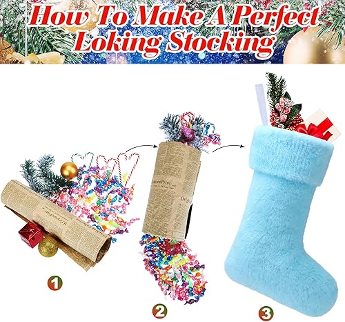 Miniatura 8 de JOVITEC 4 medias de Navidad de piel sintética de 20 pulgadas, calcetines de nieve para colgar en la chimenea para decoración de vacaciones (azul)