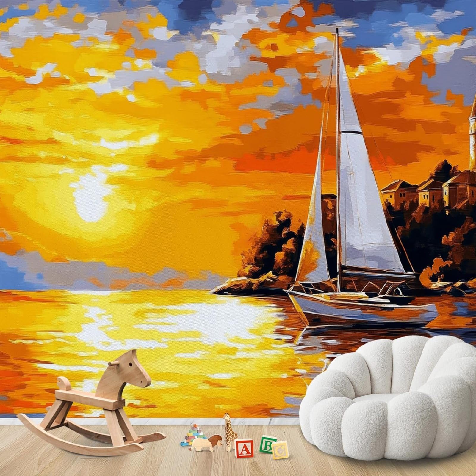 Papier peint photo voilier coucher de soleil mer style peinture à l'huile intissé 300x210 cm