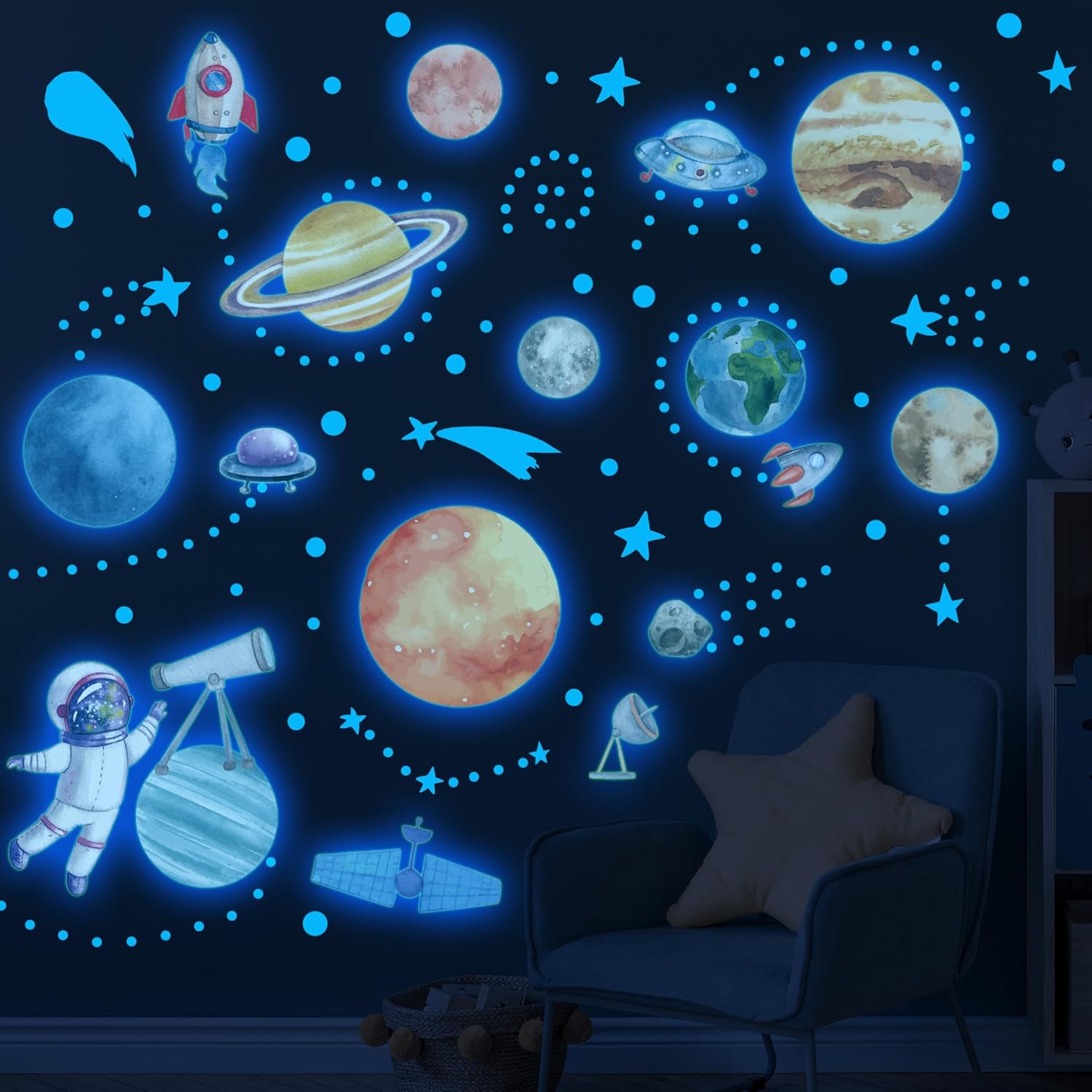 Watercolor Solar System Wall Decals, Glow in The Dark Stars