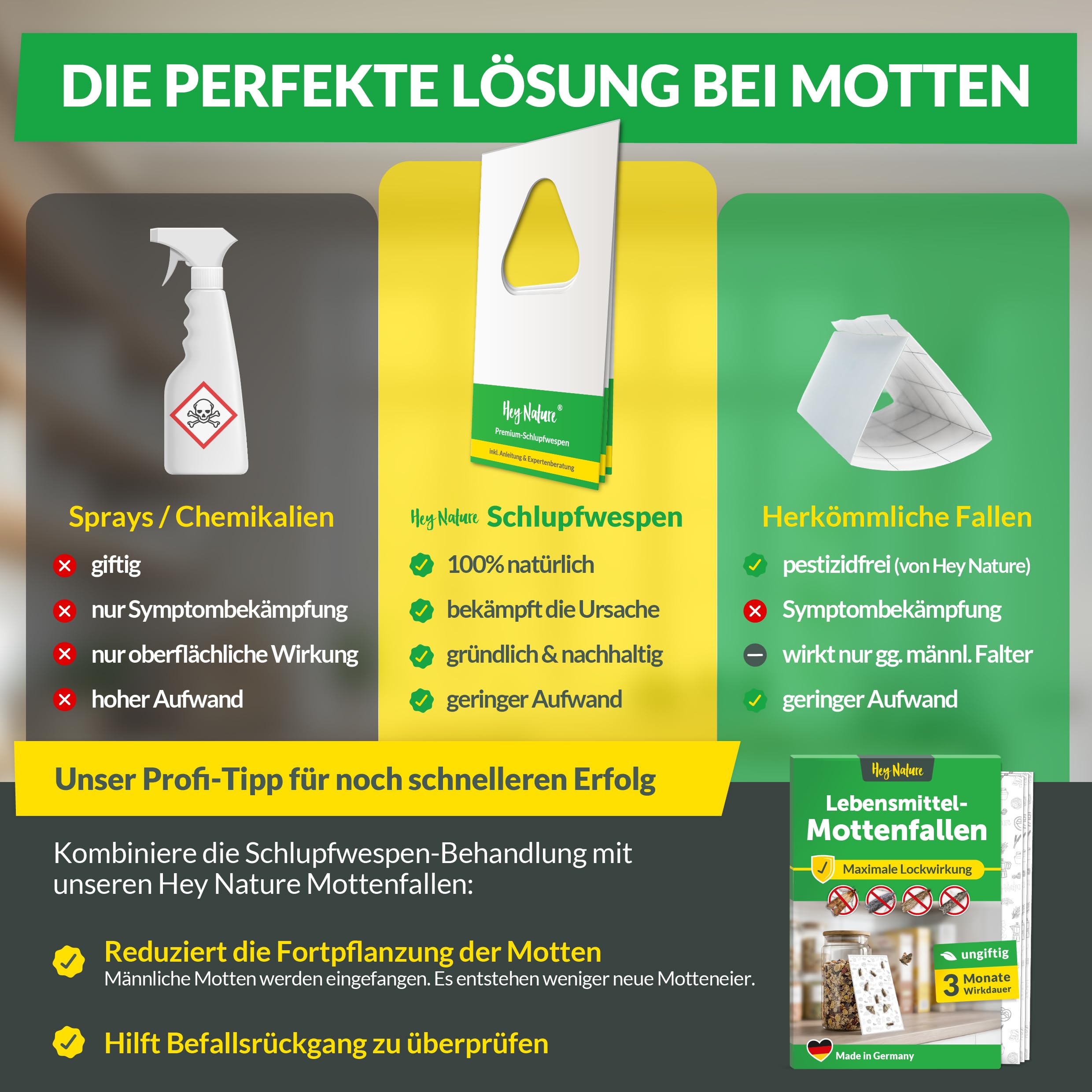 Hey Nature® Schlupfwespen gegen Lebensmittelmotten, 9 Karten (3 Karten à 3 Lieferungen). Effektiv Lebensmittelmotten bekämpfen mit Schlupfwespen gegen Motten. Alternativ zu Mottenkugeln & Mottenspray