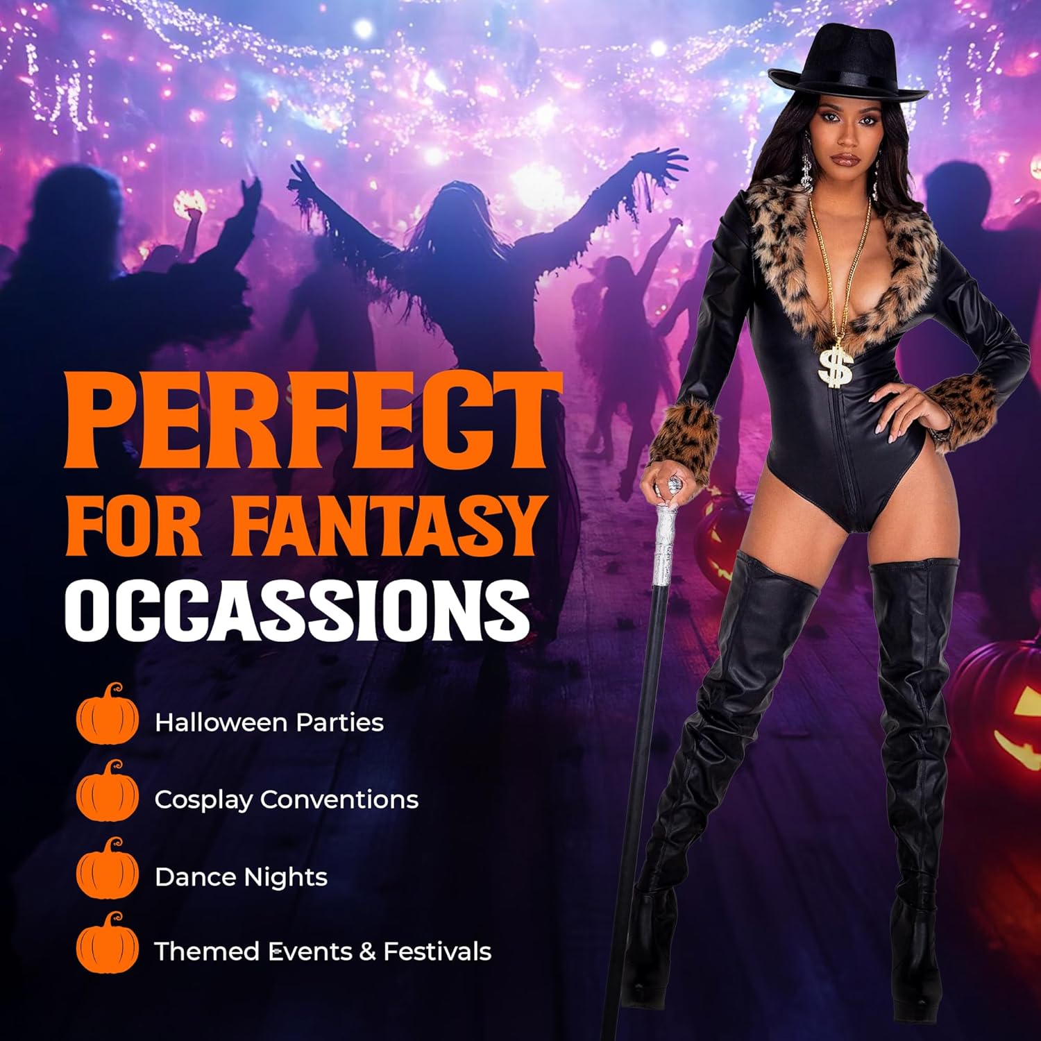 1pc Sugar Mama Hustler Costume. Includes Long Sleeved Romper with Faux Fur trim & Zipper Closure.