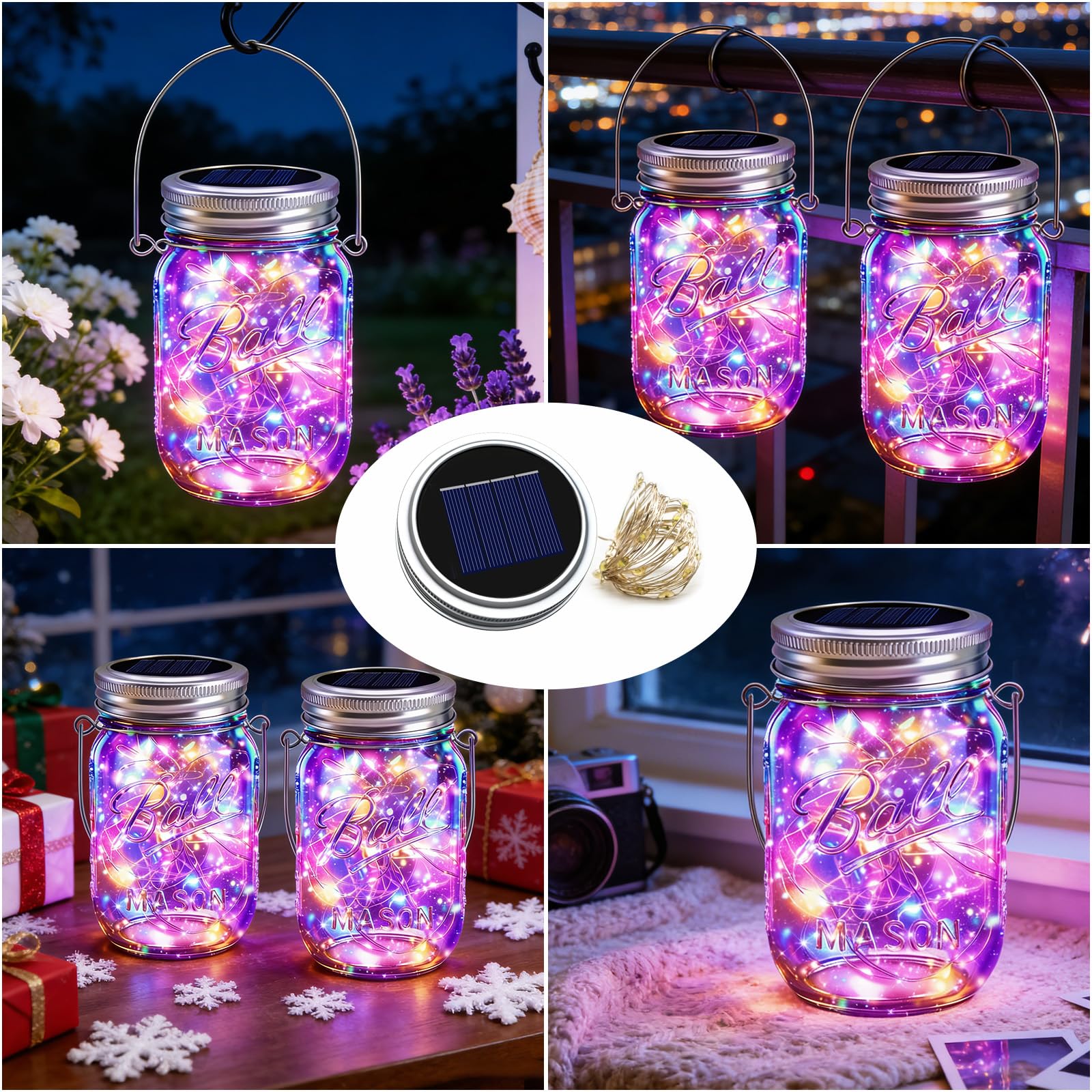 VOOKRY Lot de 12 guirlandes lumineuses solaires pour bocaux Mason - 30 LED - Étanche - Avec 12 crochets (sans bocaux) - Pour extérieur, terrasse, jardin, cour, pelouse, fête, mariage - Multicolore