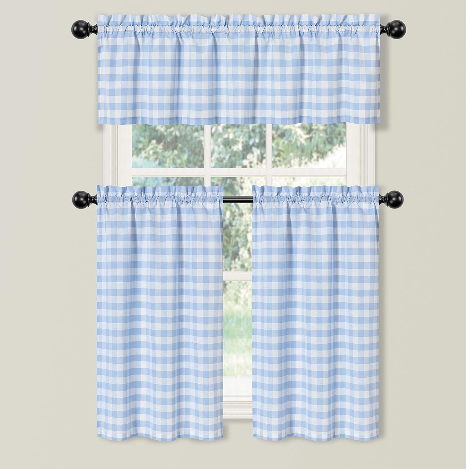 GoodGram 3 Pc. Plaid Country Chic Cotton Blend Kitchen Curtain Tier & Valance Set - Assorted Colors (Light Blue