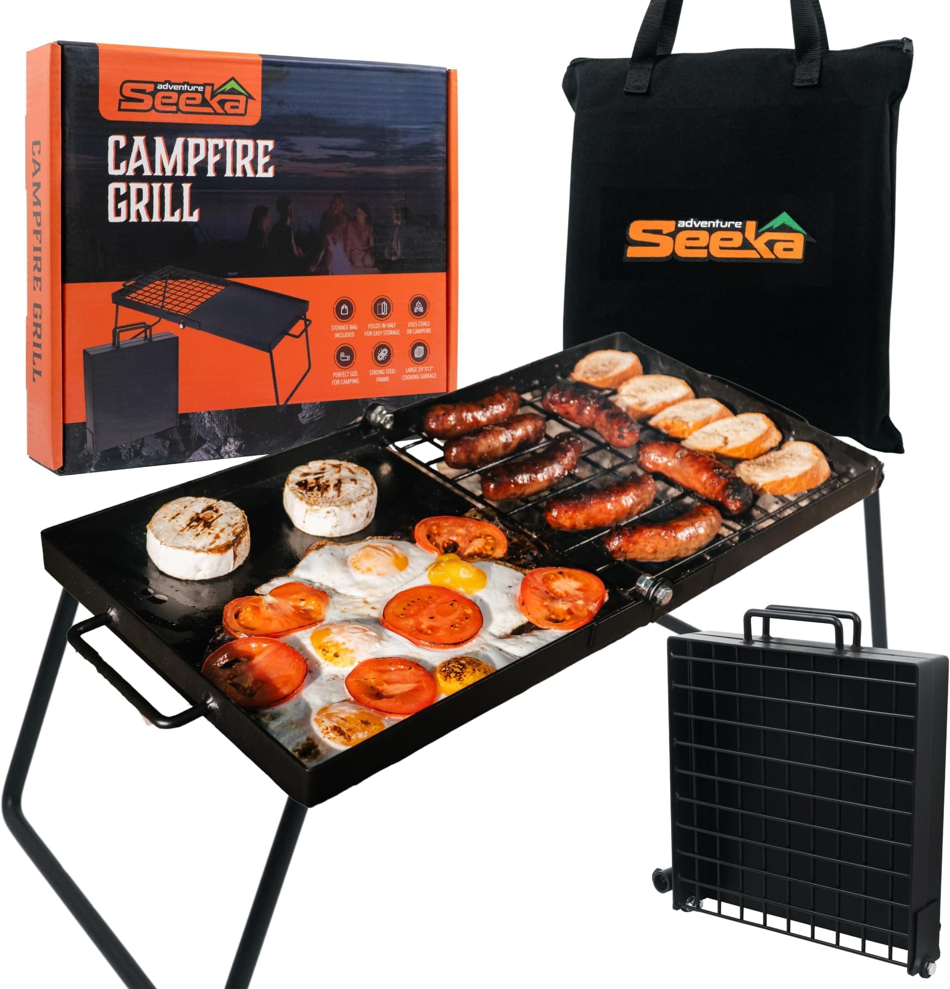 24" Heavy Duty Folding Campfire Grill, Food-Safe Cooking Surface, Compact Folding Design, Portable Grill Grate & Griddle for Campfire Cooking, Australian Designed & Owned