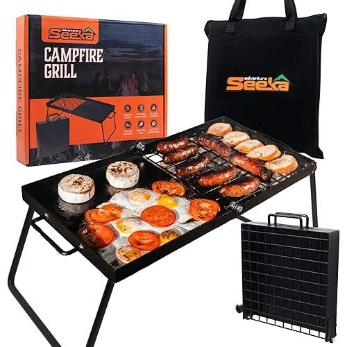 24" Heavy Duty Folding Campfire Grill, Food-Safe Cooking Surface, Compact Folding Design, Portable Grill Grate & Griddle for Campfire Cooking, Australian Designed & Owned