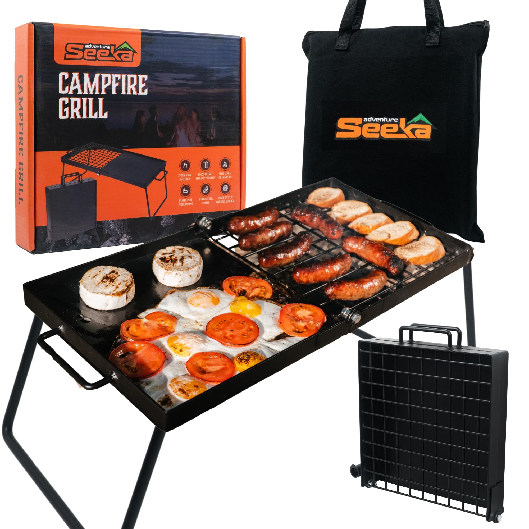 Campfire (Adventure Seeka 24" Heavy Duty Folding Campfire Grill, Food-Safe Cooking Surface, Compact Folding Design, Portable Grill Grate & Griddle for Campfire Cooking, Australian Designed & Owned)