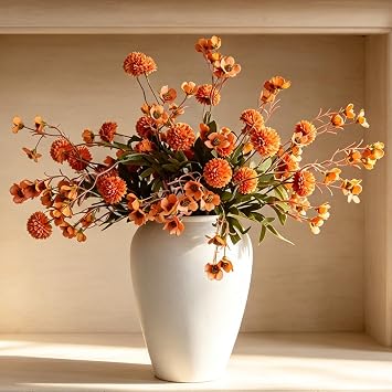 10PCS Artificial Orange Kiku & Wax Flowers for Vases Fall Floral Home Decor