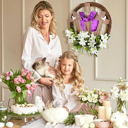 Miniatura 3 de Corona de Pascua con cruz para puerta, decoración de corona de madera con texto en inglés "He is Risen", decoración de puerta floral cristiana de