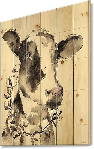 DesignQ Retrato de vaca Country Life - Impresión de vida silvestre sobre madera de pino natural, 24 x 32, gris disponible en Yaxa Colombia