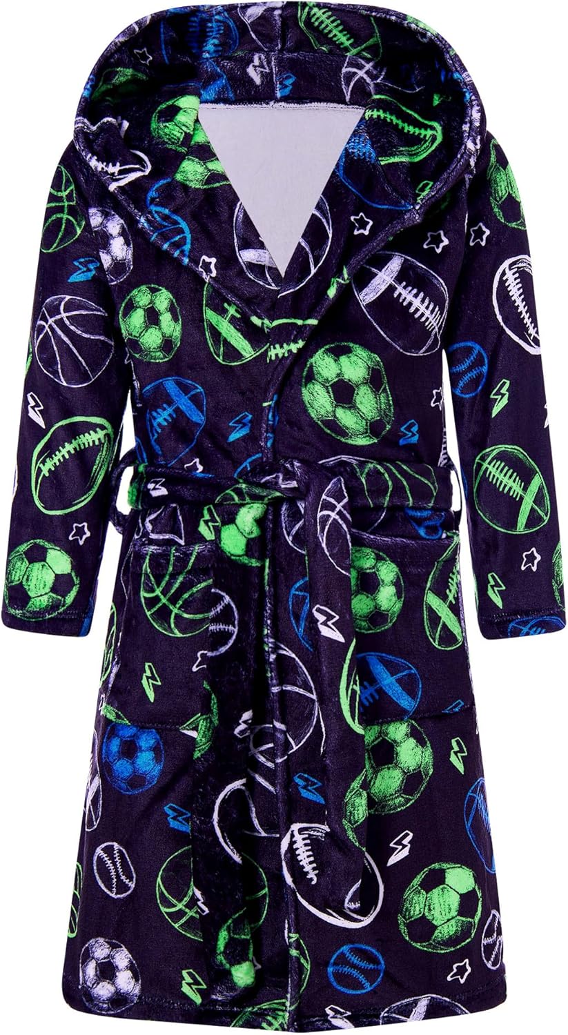 Funnycokid Boys Robe Kids Hooded Fleece Bathrobe Flannel Pajamas Soft Sleepwear 7-14 Years
